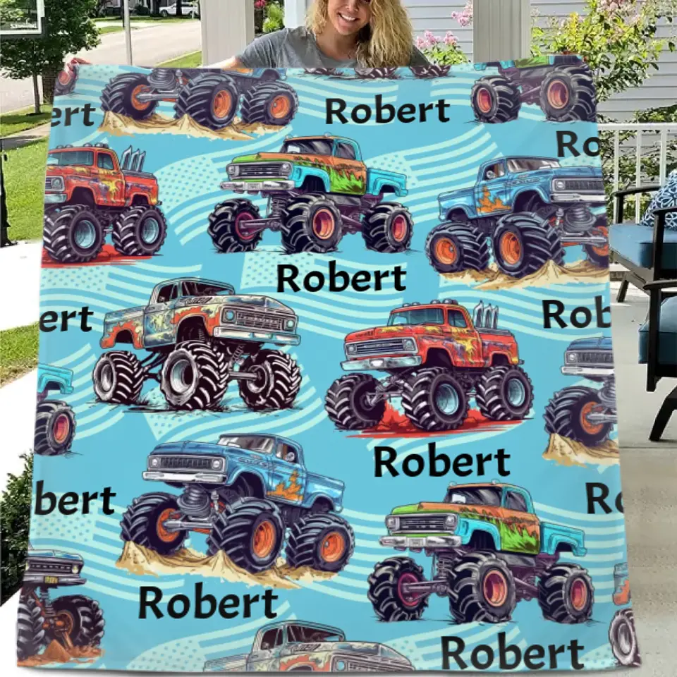 Personalized Big Gear Wheels Truck Car Blanket with Name for Boy Girl