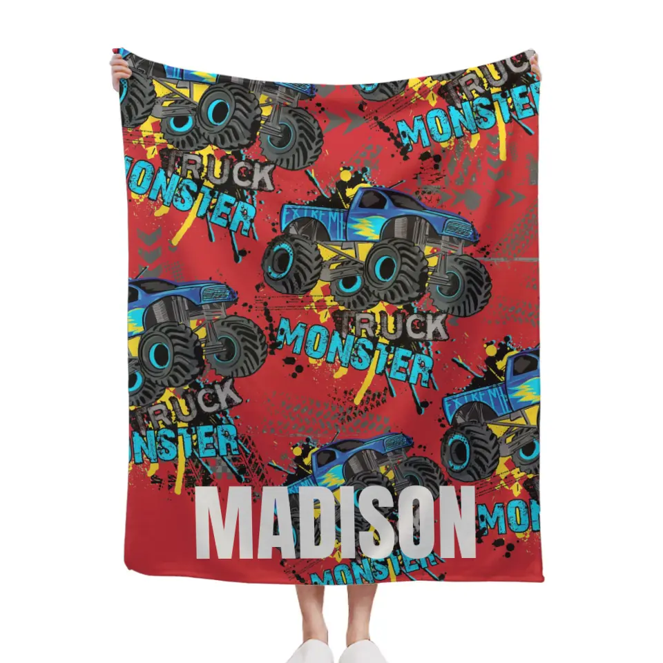 Personalized Monster Truck Name Custom Blanket, Customized Kids Birthday Gift Ideas