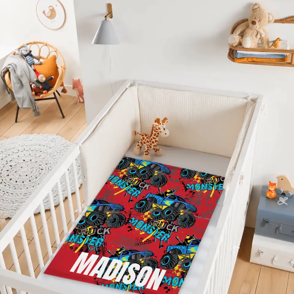 Personalized Monster Truck Name Custom Blanket, Customized Kids Birthday Gift Ideas