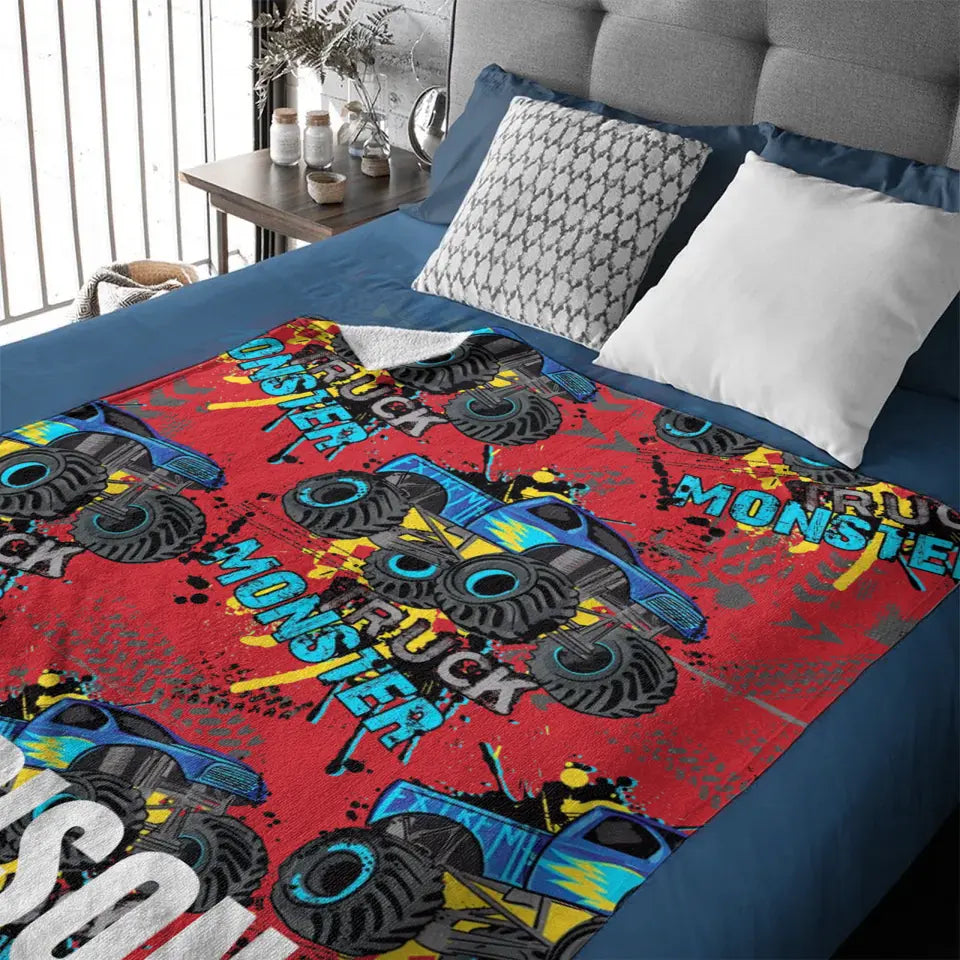 Personalized Monster Truck Name Custom Blanket, Customized Kids Birthday Gift Ideas