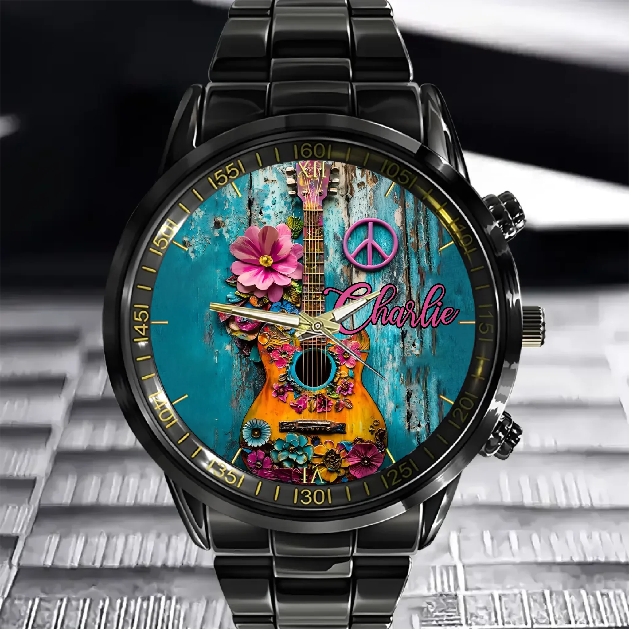 Customized Hippie-Inspired Musical Instrument Watch – Personalized Name Engraved Instrument Patterned Watch - A Gift For Music Enthusiast,Musicians,Friend,BFF