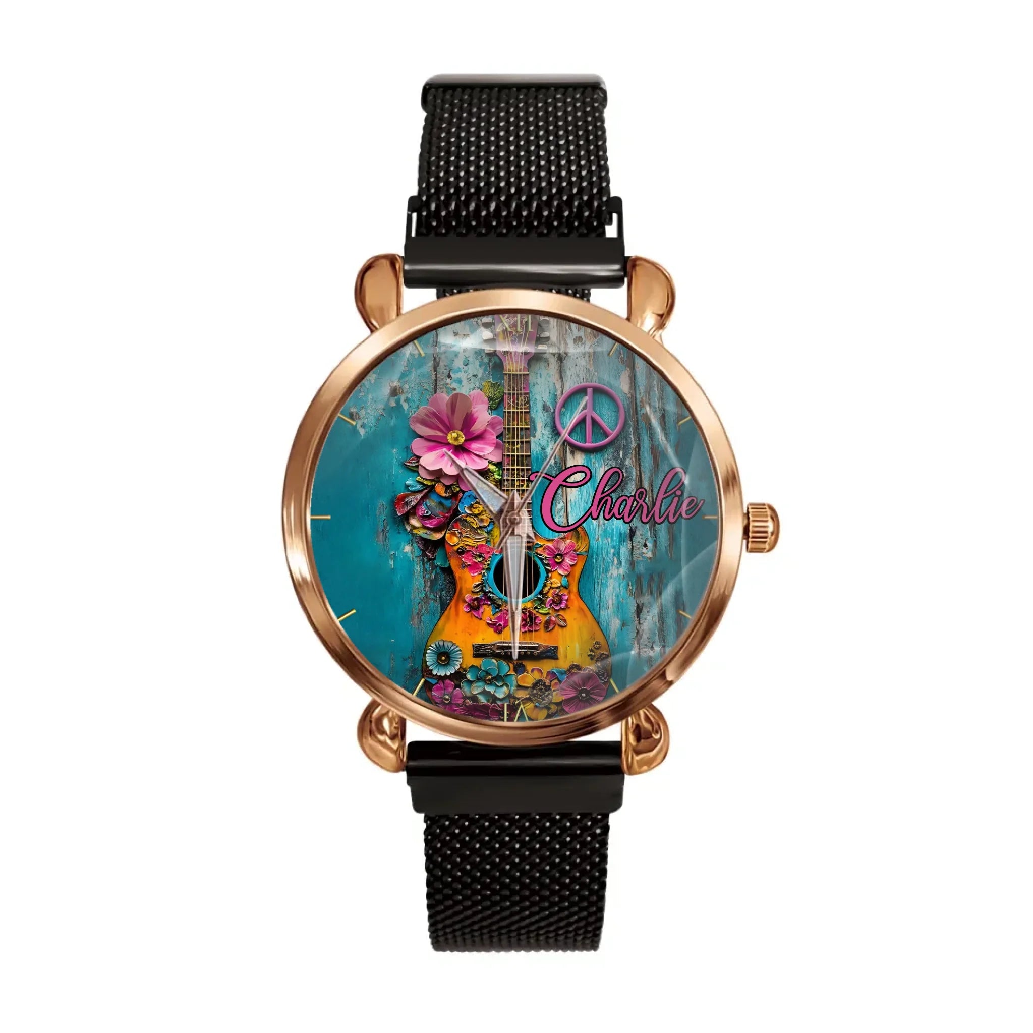 Customized Hippie-Inspired Musical Instrument Watch – Personalized Name Engraved Instrument Patterned Watch - A Gift For Music Enthusiast,Musicians,Friend,BFF