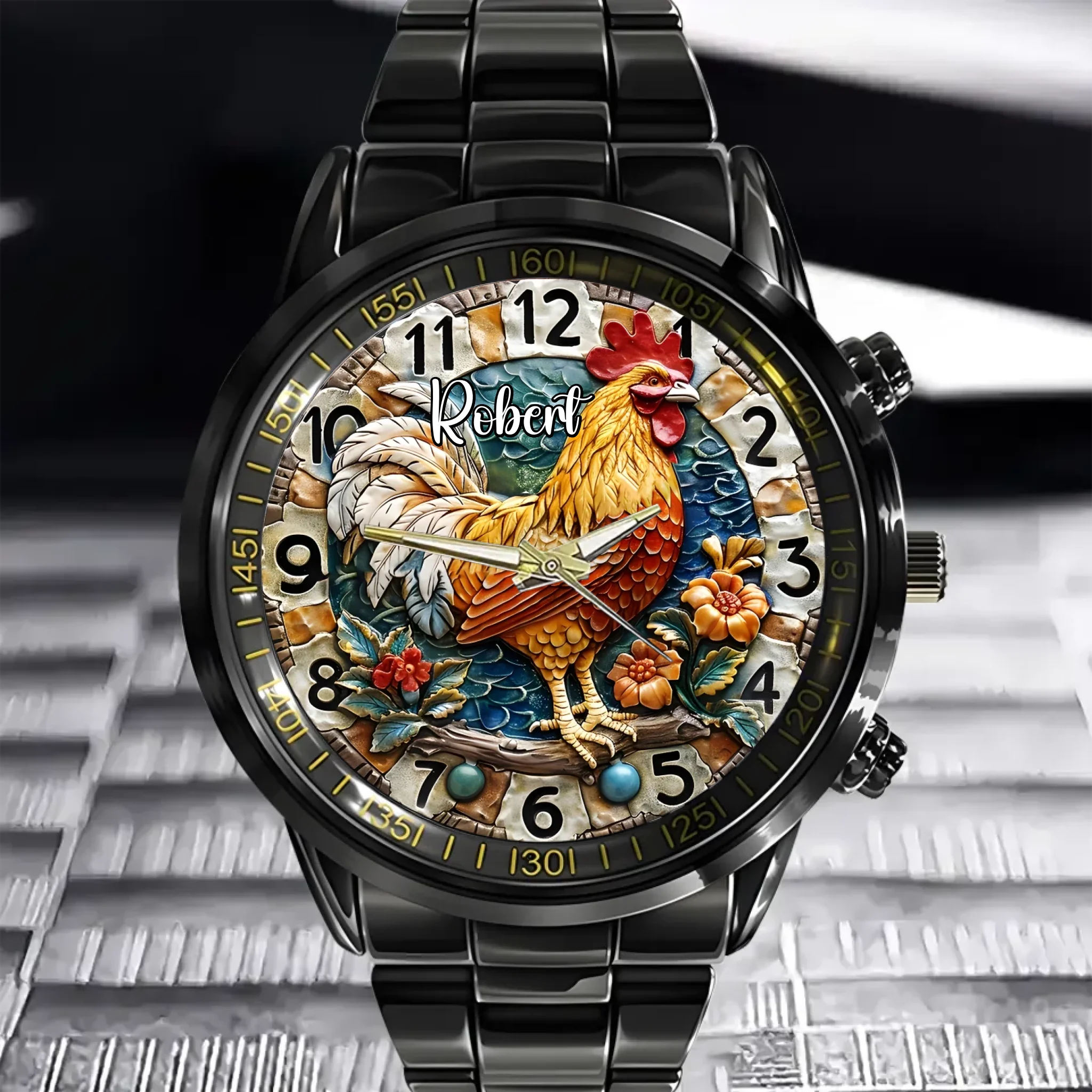 Painted Rooster Design Dial - Personalized Name Watch