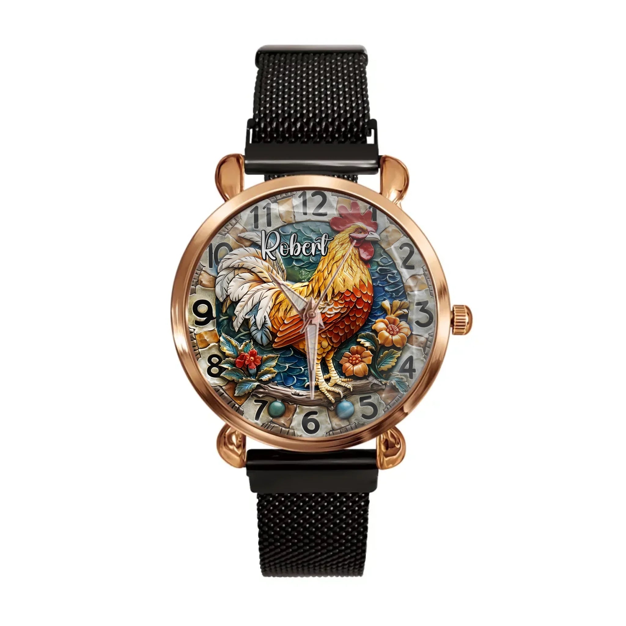 Painted Rooster Design Dial - Personalized Name Watch