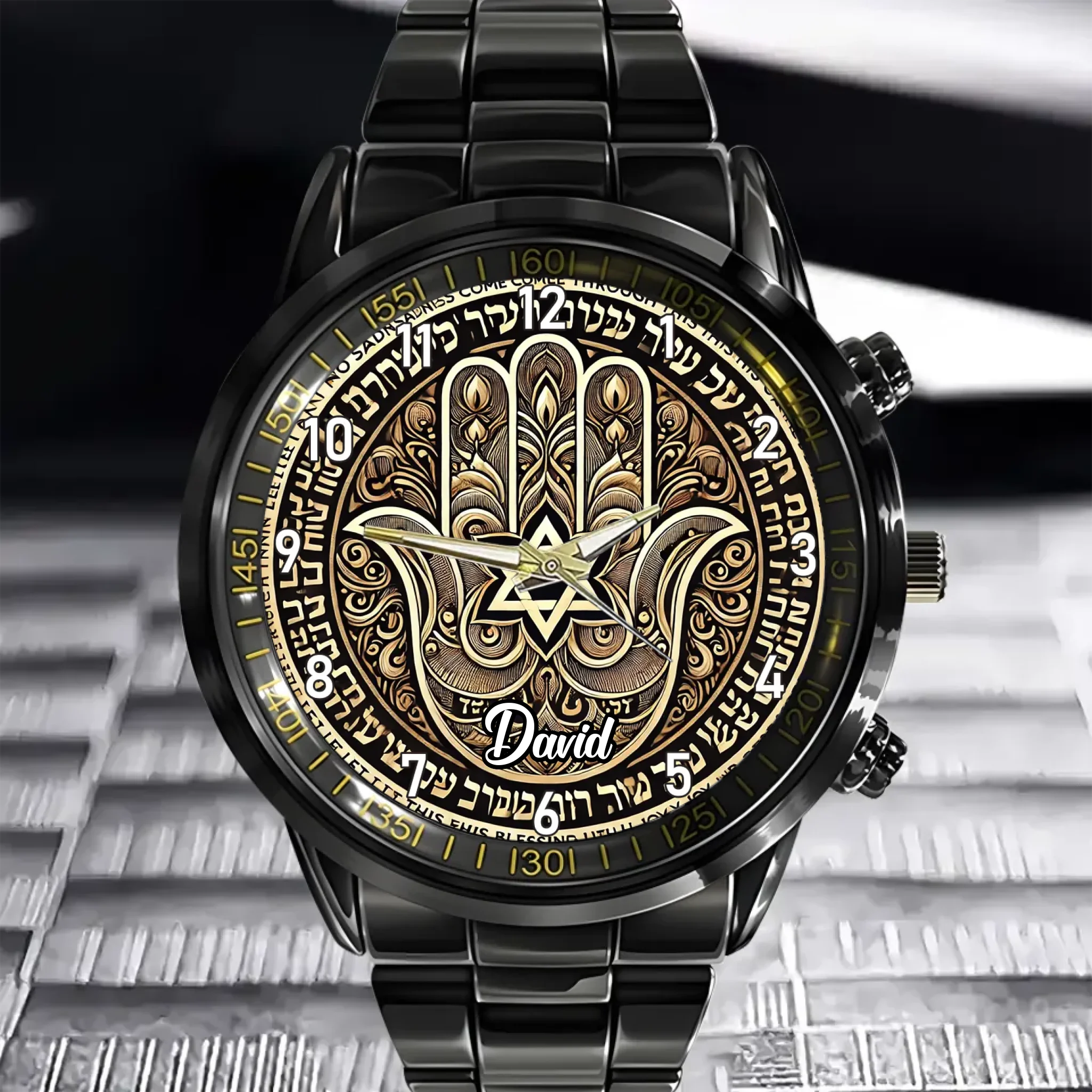 Protective Hamsa Watch – Custom Name Wristwatch with Hebrew Blessings, Perfect Jewish Gift