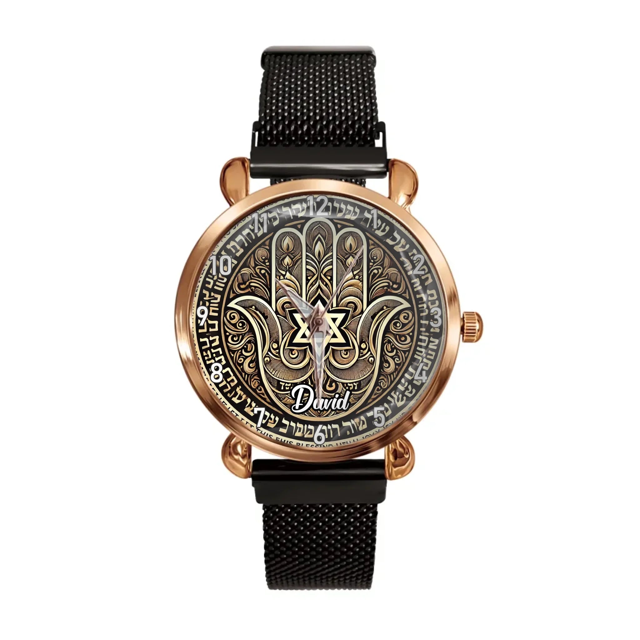 Protective Hamsa Watch – Custom Name Wristwatch with Hebrew Blessings, Perfect Jewish Gift
