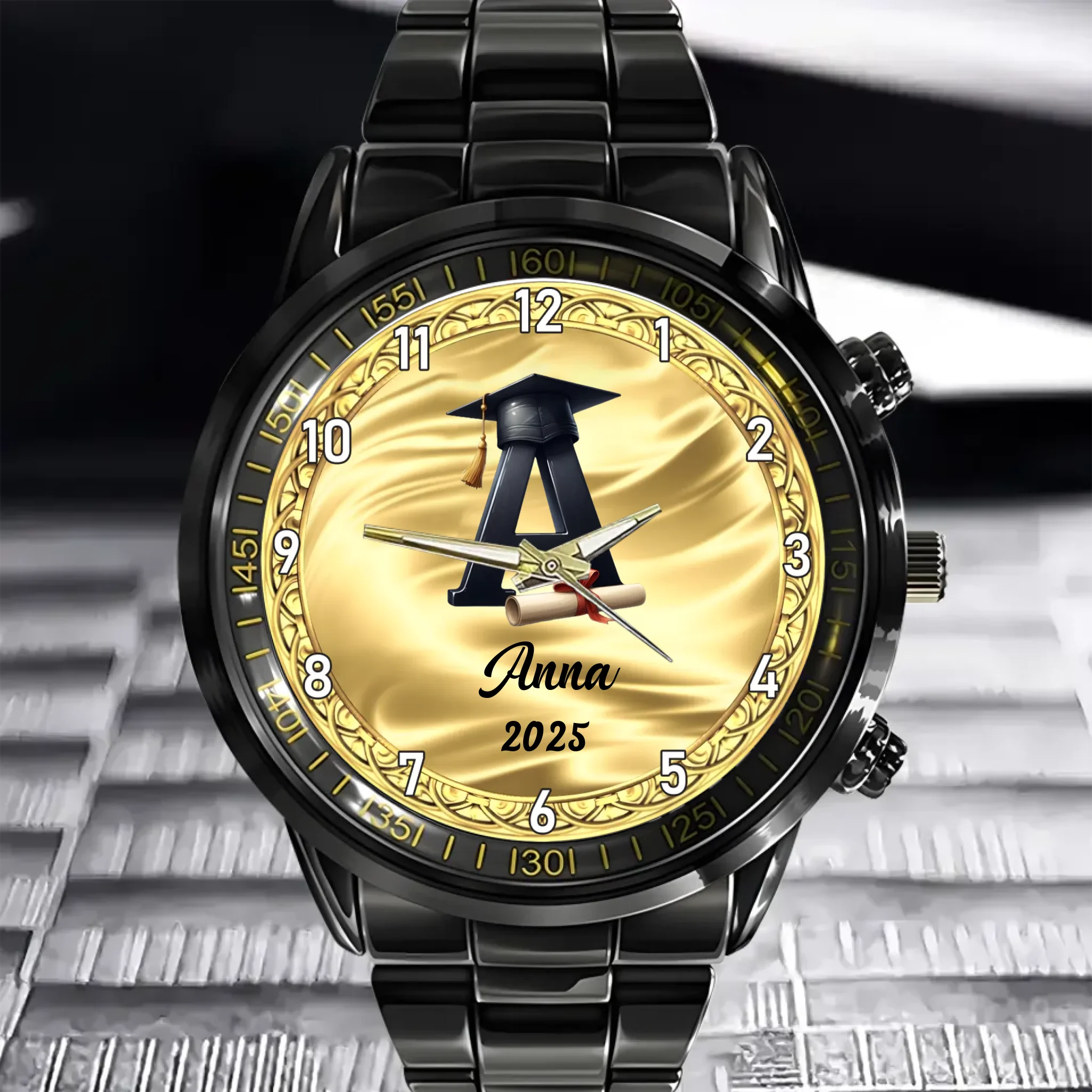 Customized Initial Letter with Graduation Cap - Personalized Graduation Theme Watch - Gift for Graduates