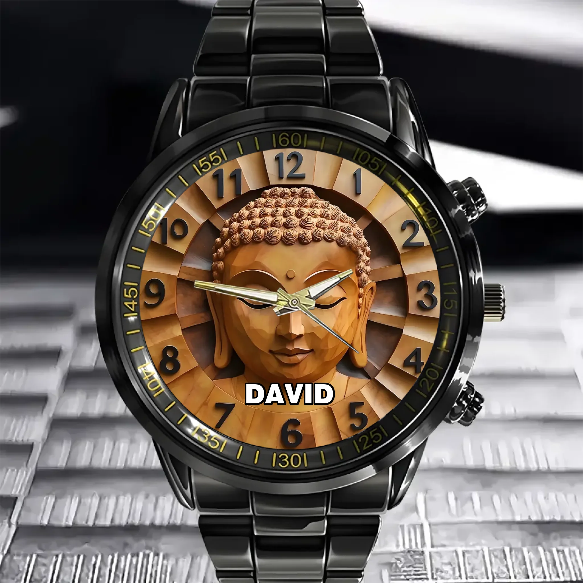 Customized Wooden Buddha Statue Pattern - Personalized Name Watch