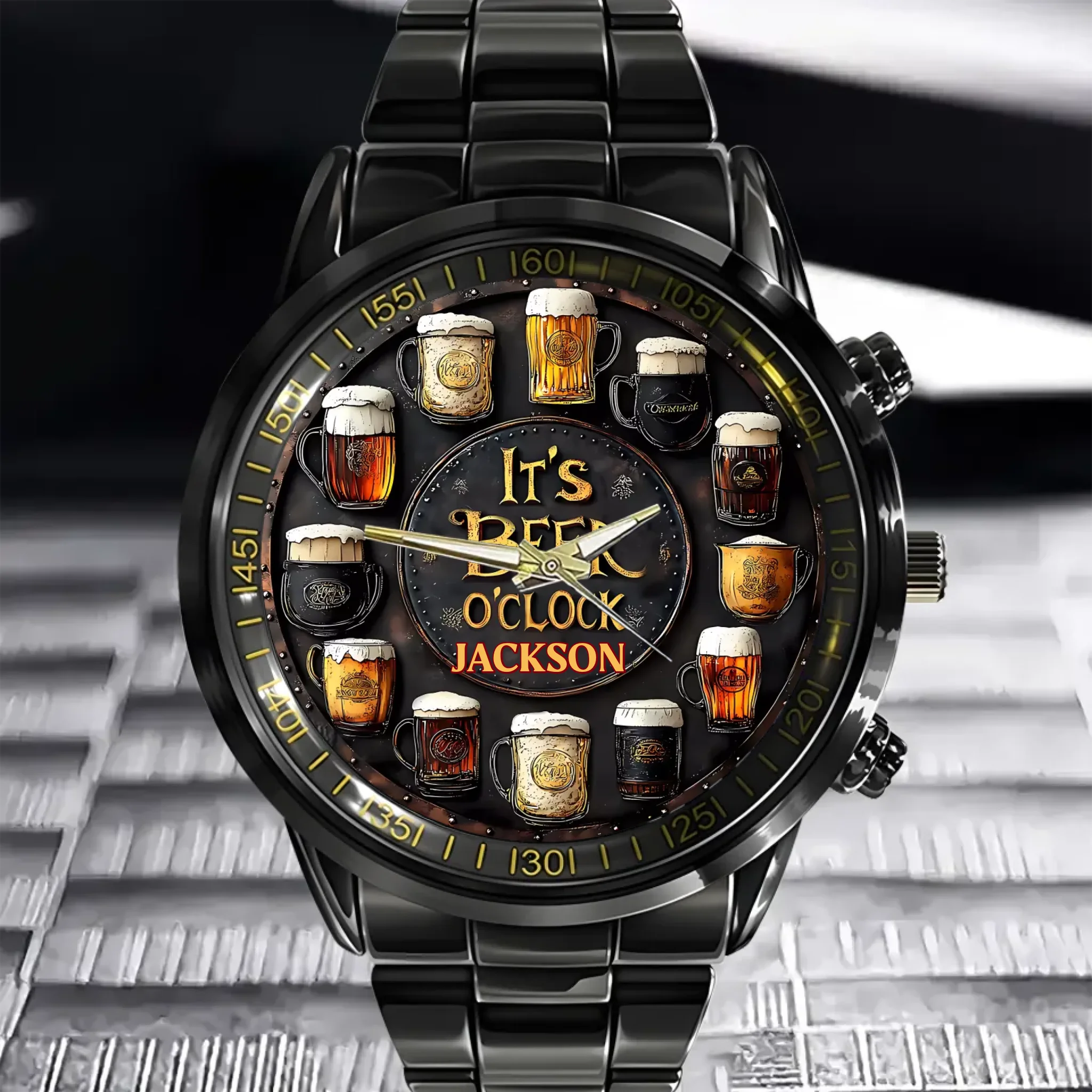 Customised Beer Themed Watches - Personalised Name Vintage Beer Pattern Scale Watch - Gift for Friend,Family,Beer Lover