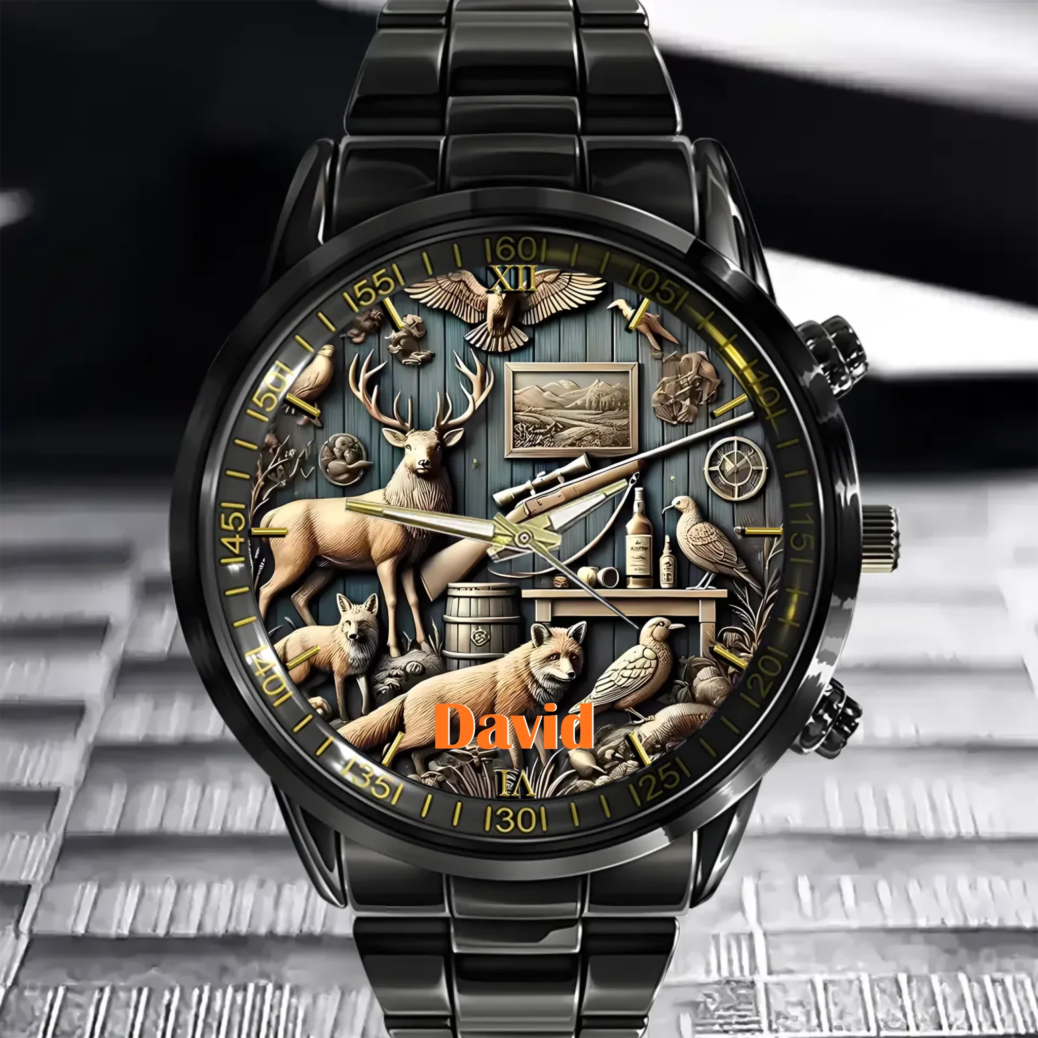 Customised Hunting Themed Watches - Personalised Name Hunting Embossed Art Pattern Watch - Gift for Friend,Family,Hunting Enthusiast