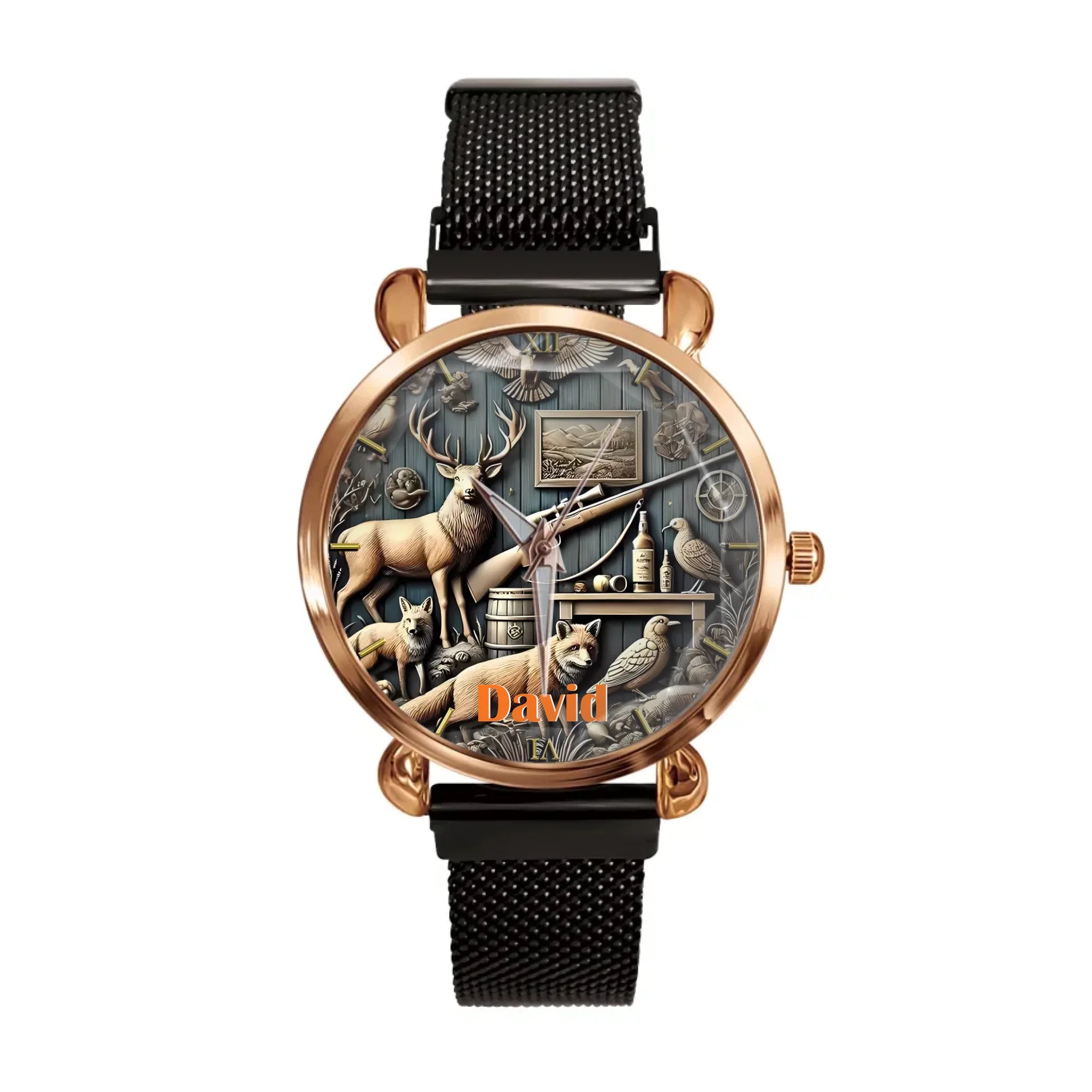 Customised Hunting Themed Watches - Personalised Name Hunting Embossed Art Pattern Watch - Gift for Friend,Family,Hunting Enthusiast