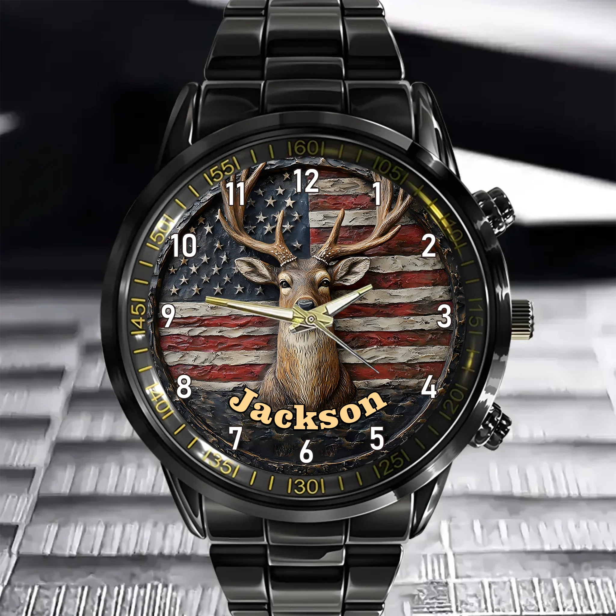 Customized American Flag and Forest Deer Pattern Watch - Personalize Name