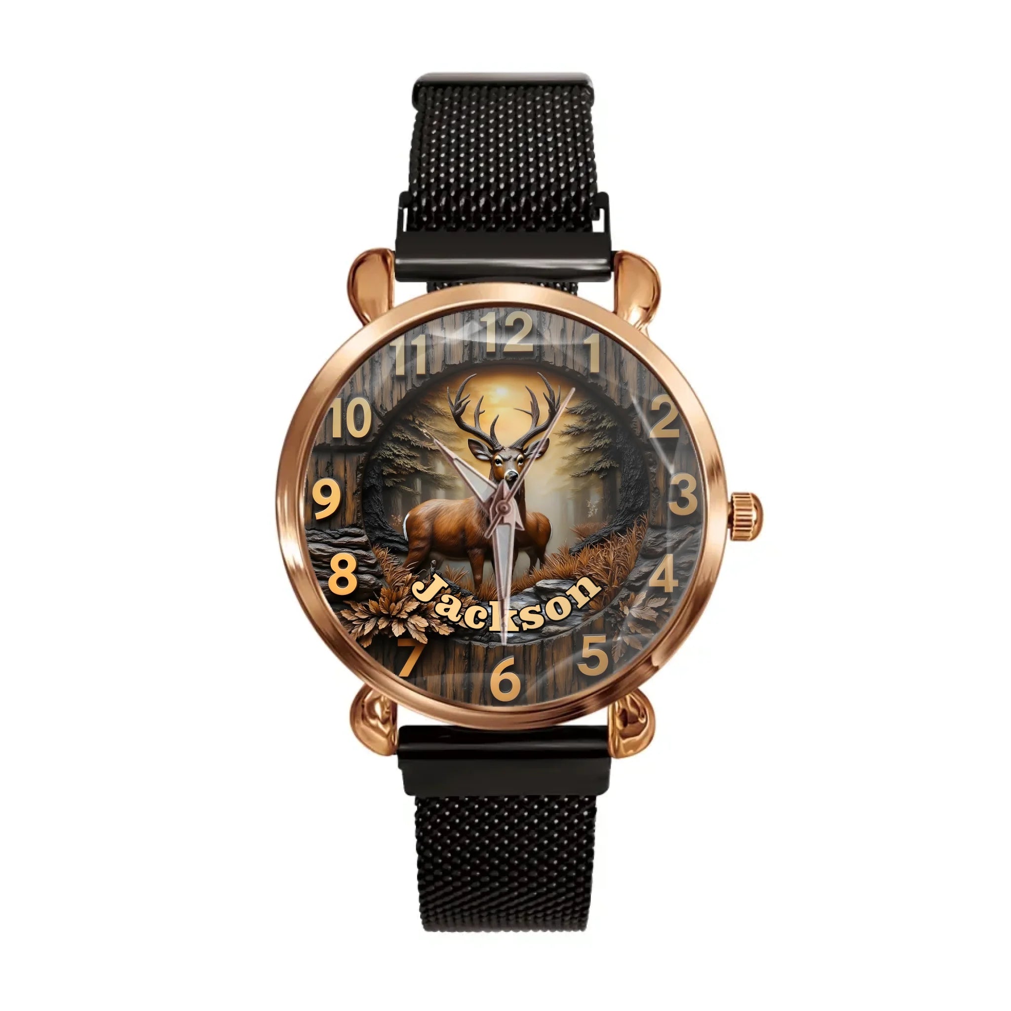 Customized Wooden Forest Deer Printed Dial Plate - Personalize Name Watch