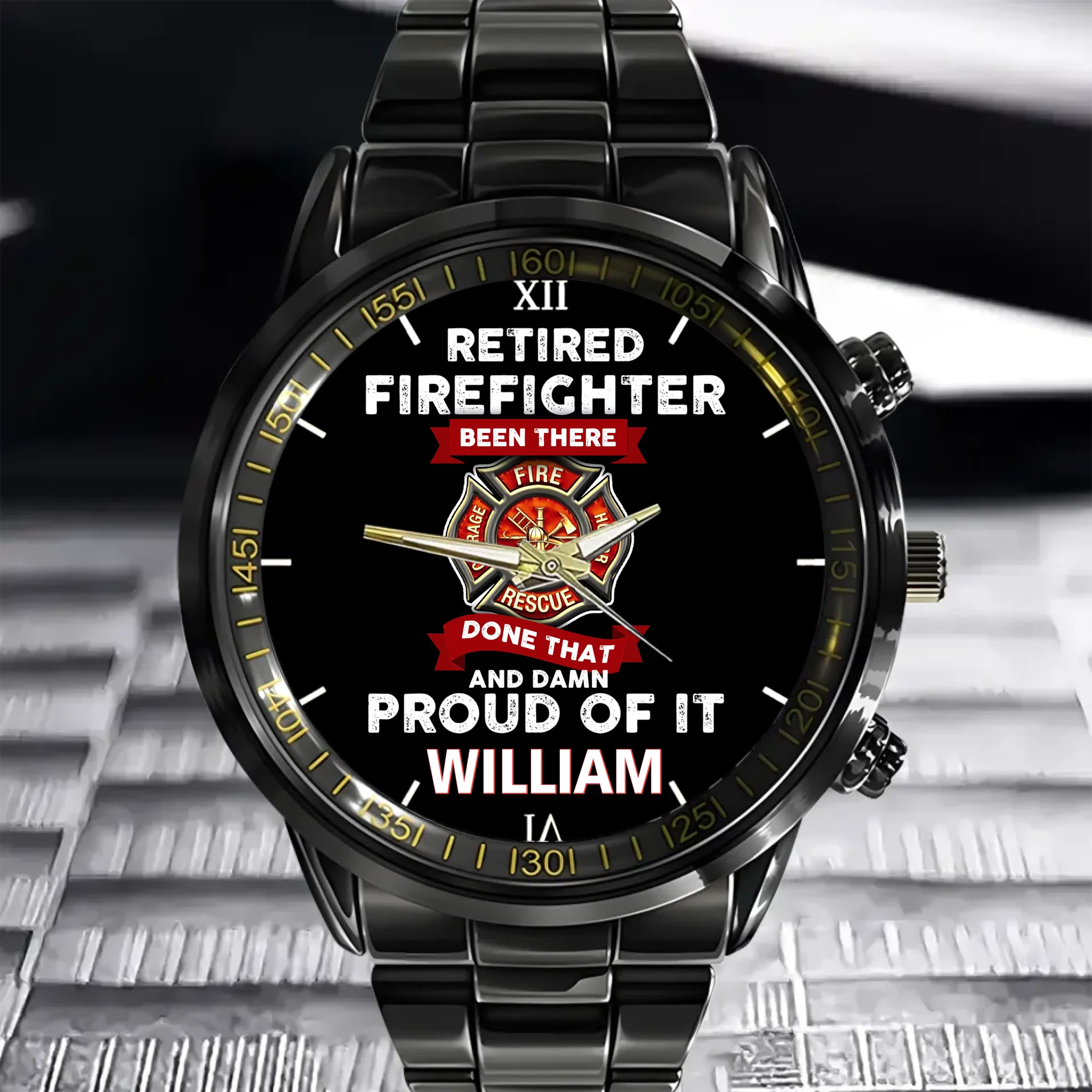 A personalized watch with a retired firefighter theme. Customize it with your name. It's the perfect gift for firefighters.