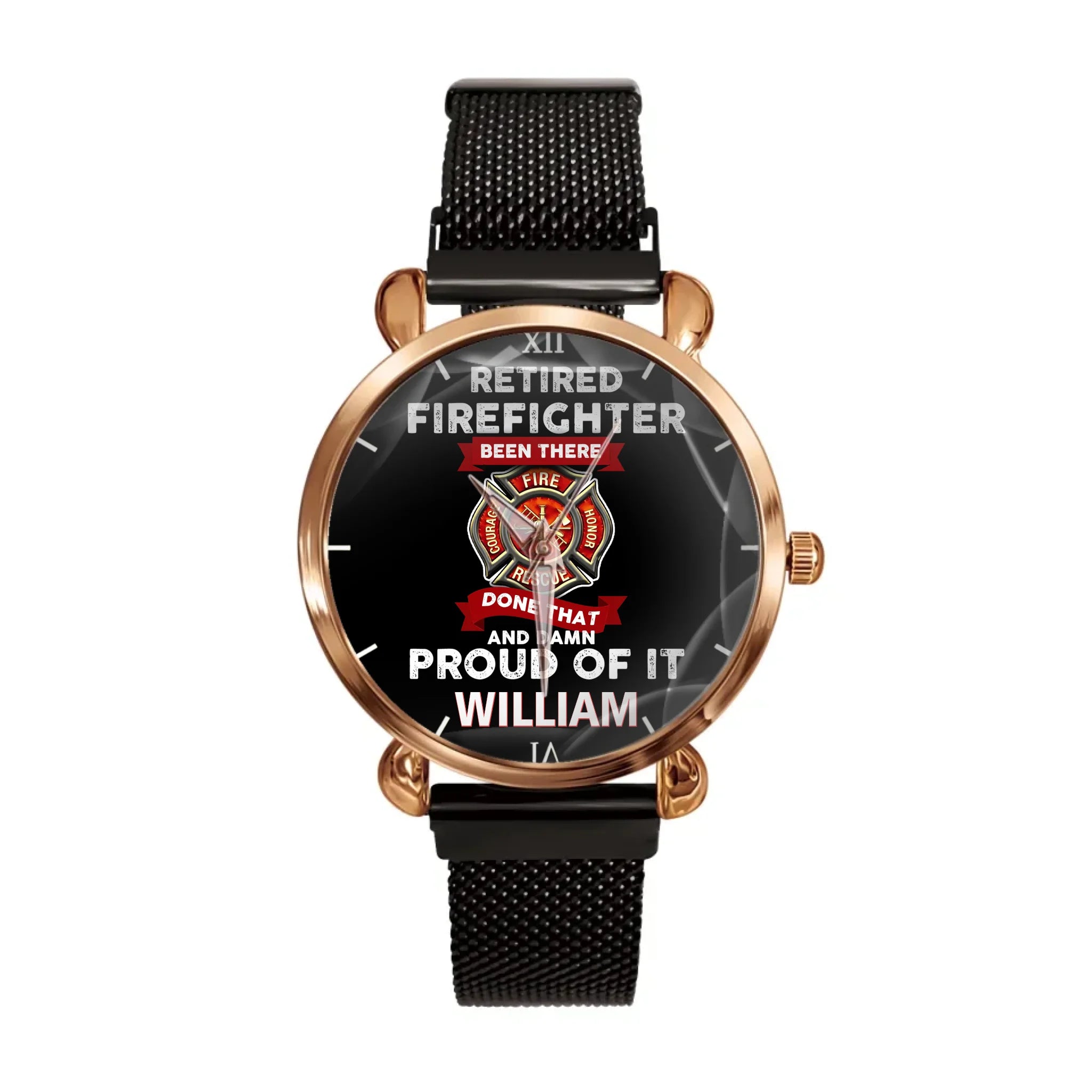 A personalized watch with a retired firefighter theme. Customize it with your name. It's the perfect gift for firefighters.