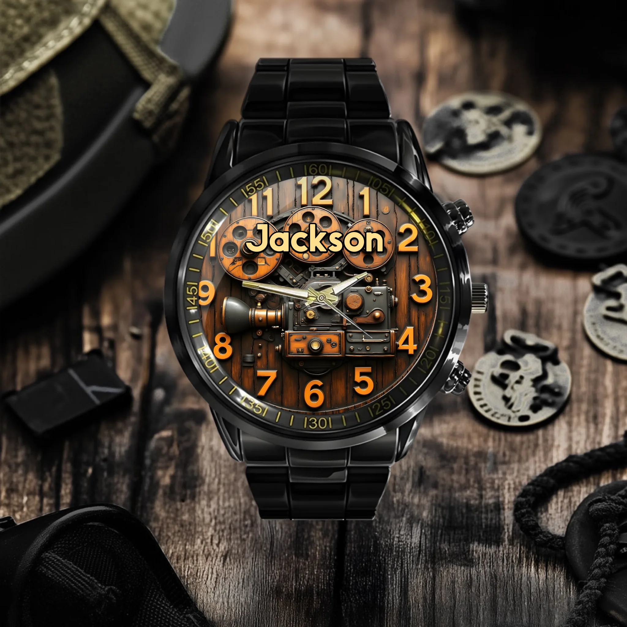 Customized Steampunk-Style Watch – Retro Gear and Engine Pattern Watch with Personalized Name Design - A Gift For Friend,Family,Mechanical Enthusiast