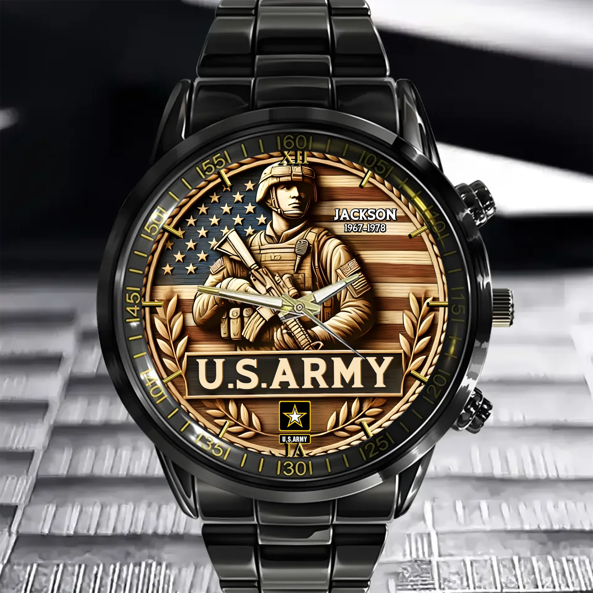 Design of the American Flag and Soldiers - Personalized Watch