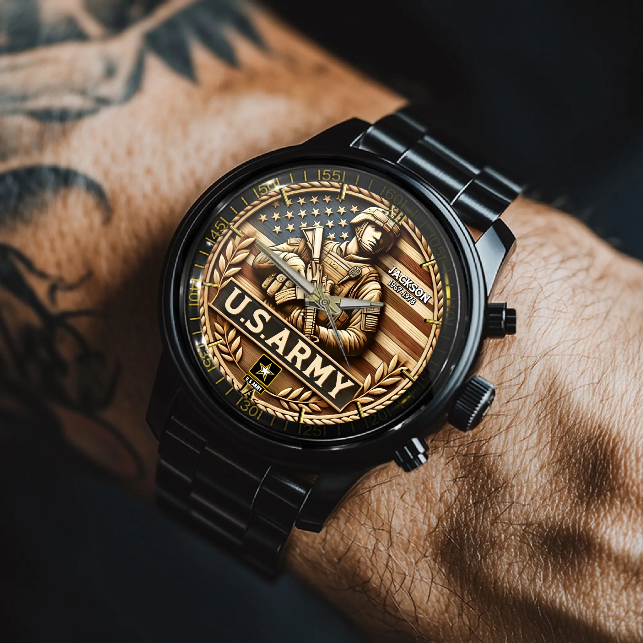 Design of the American Flag and Soldiers - Personalized Watch