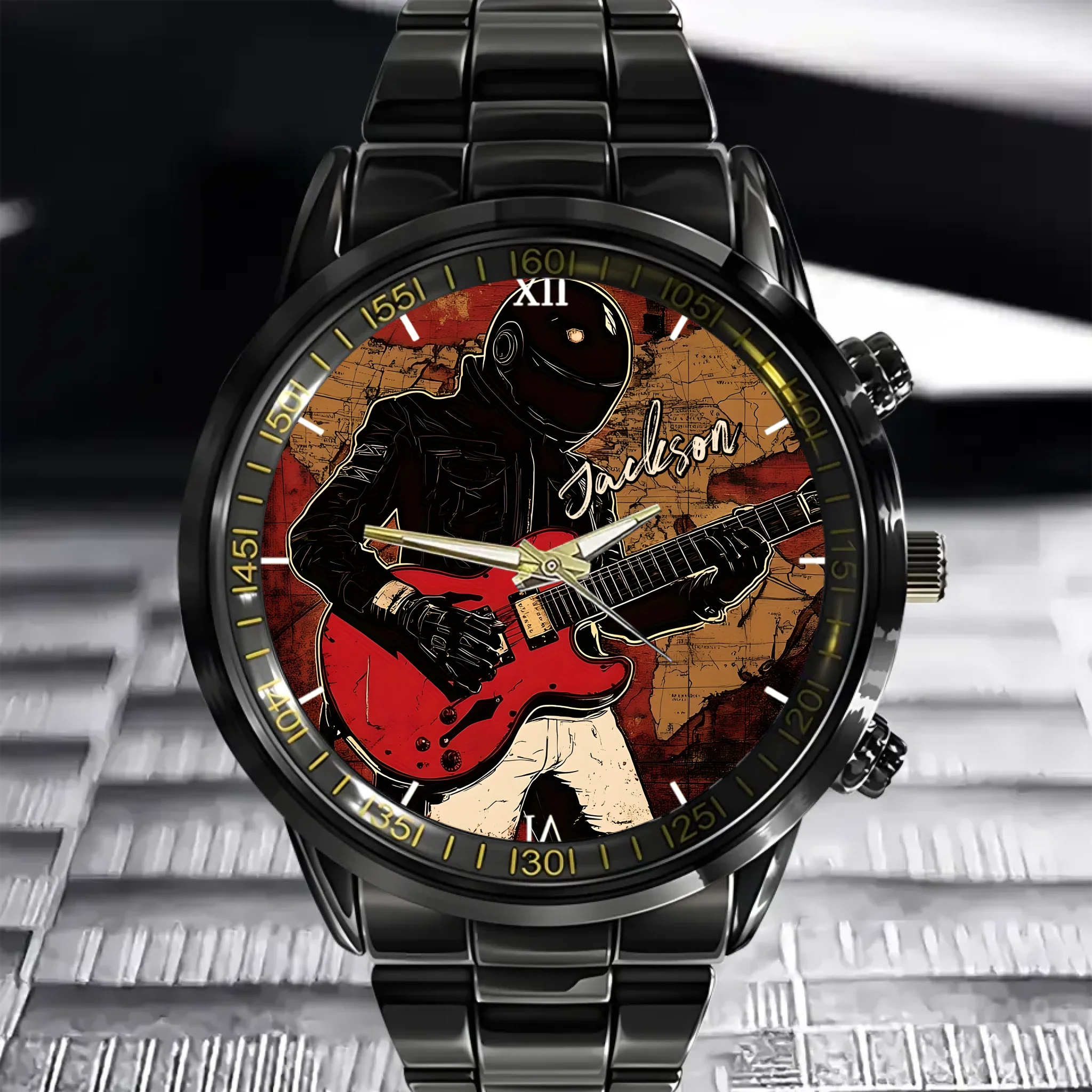 Retro World Map and Guitarist - Personalized Name Watch
