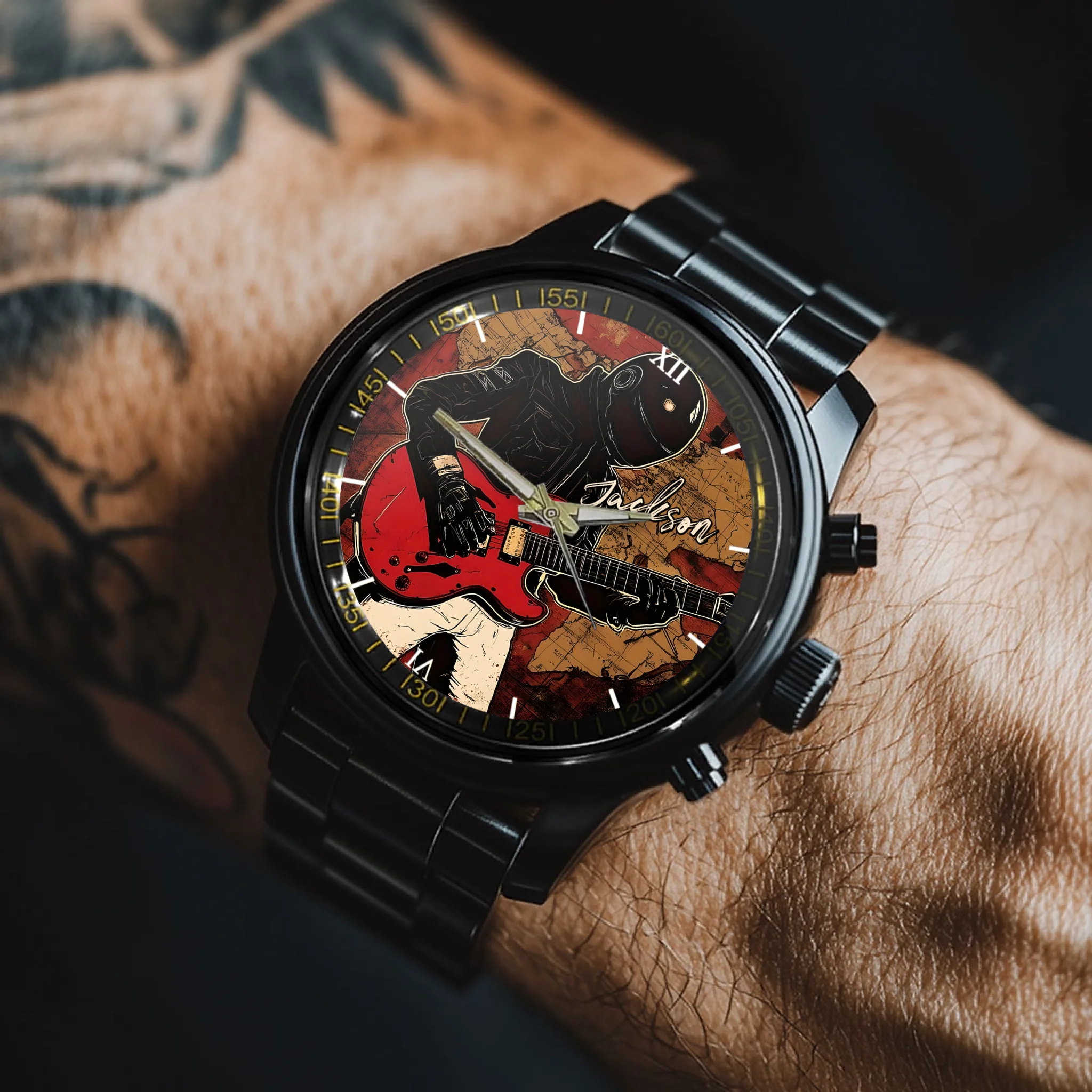 Retro World Map and Guitarist - Personalized Name Watch