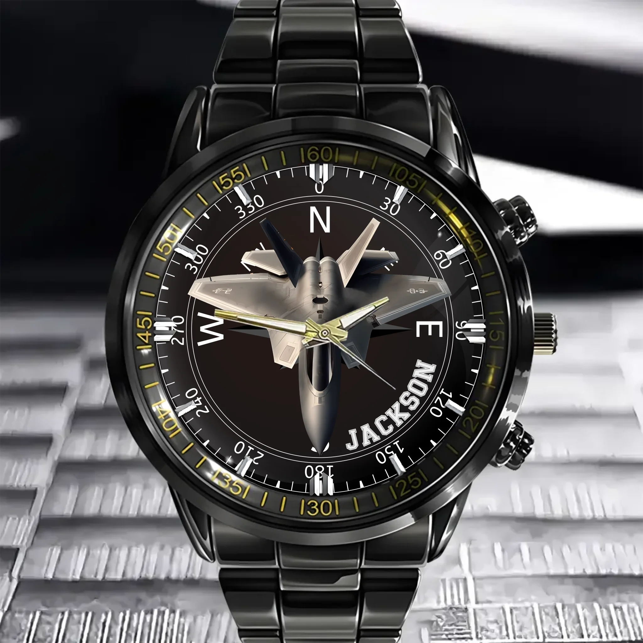 Adventurer’s Custom Name Watch: Fighter Jet & Compass Design
