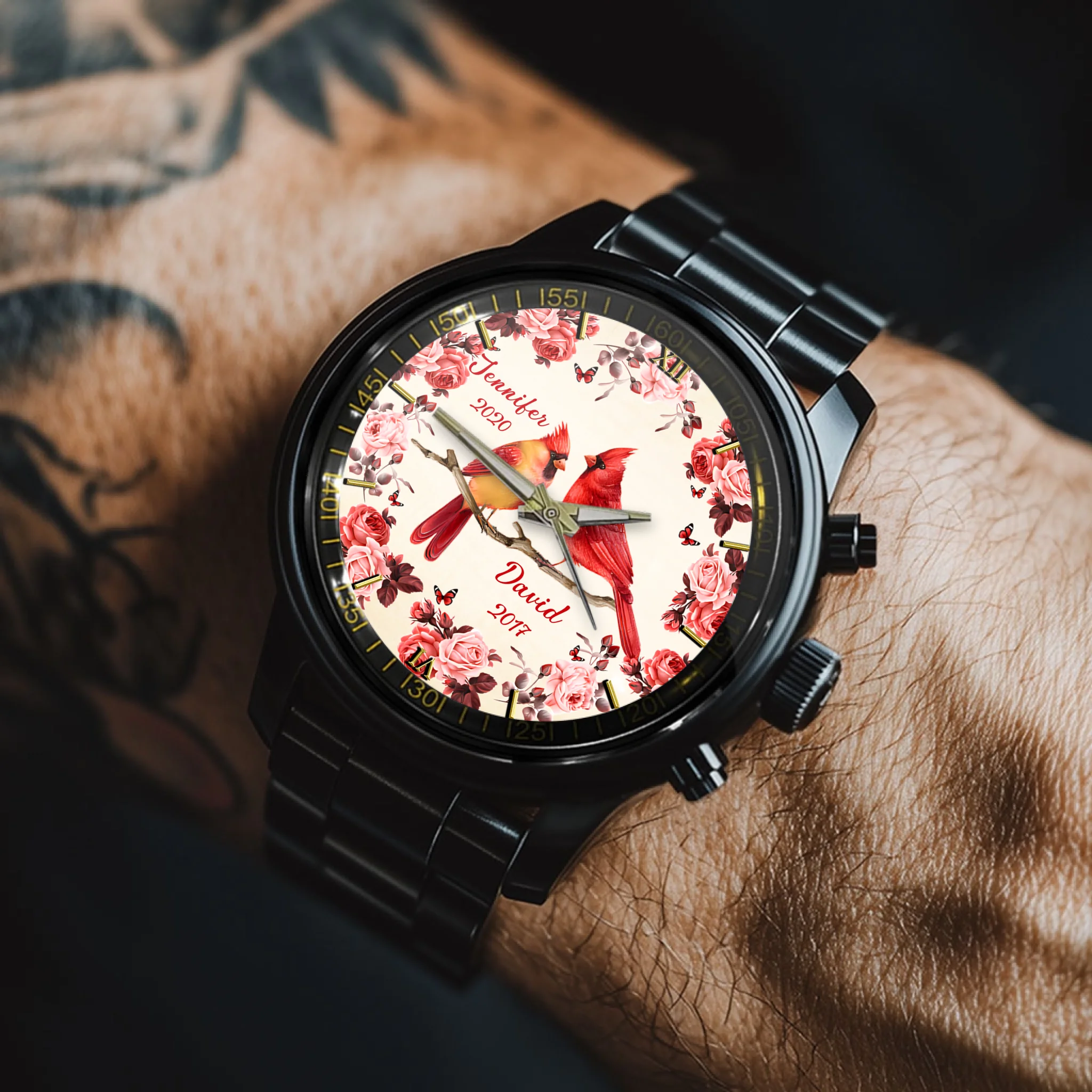 Flowers and Red Bird Customized Watch – Personalized Name