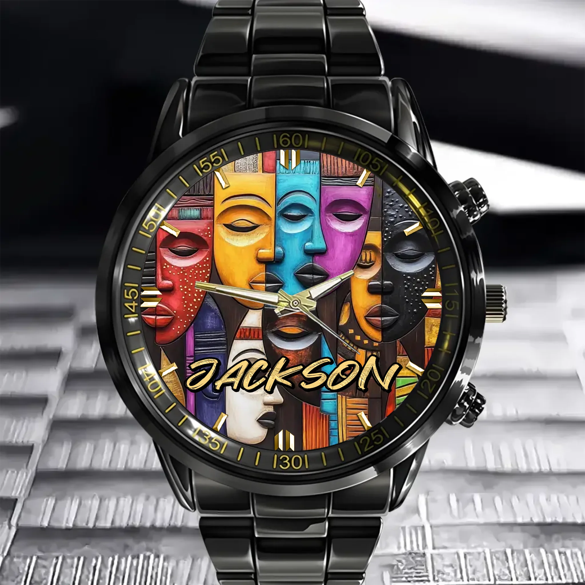 Tribal Mask Customized Watch - Personalized Name - Collage Art