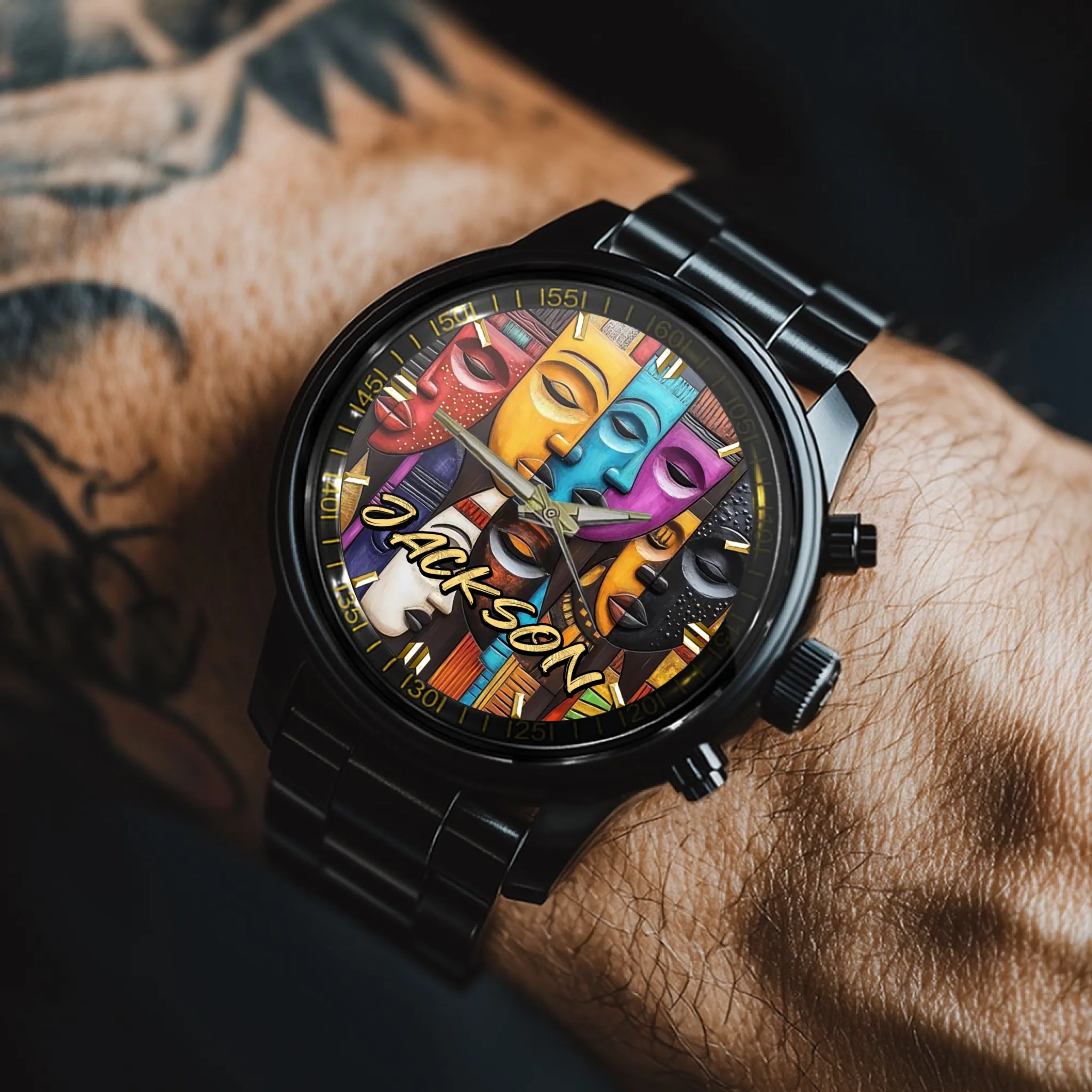 Tribal Mask Customized Watch - Personalized Name - Collage Art