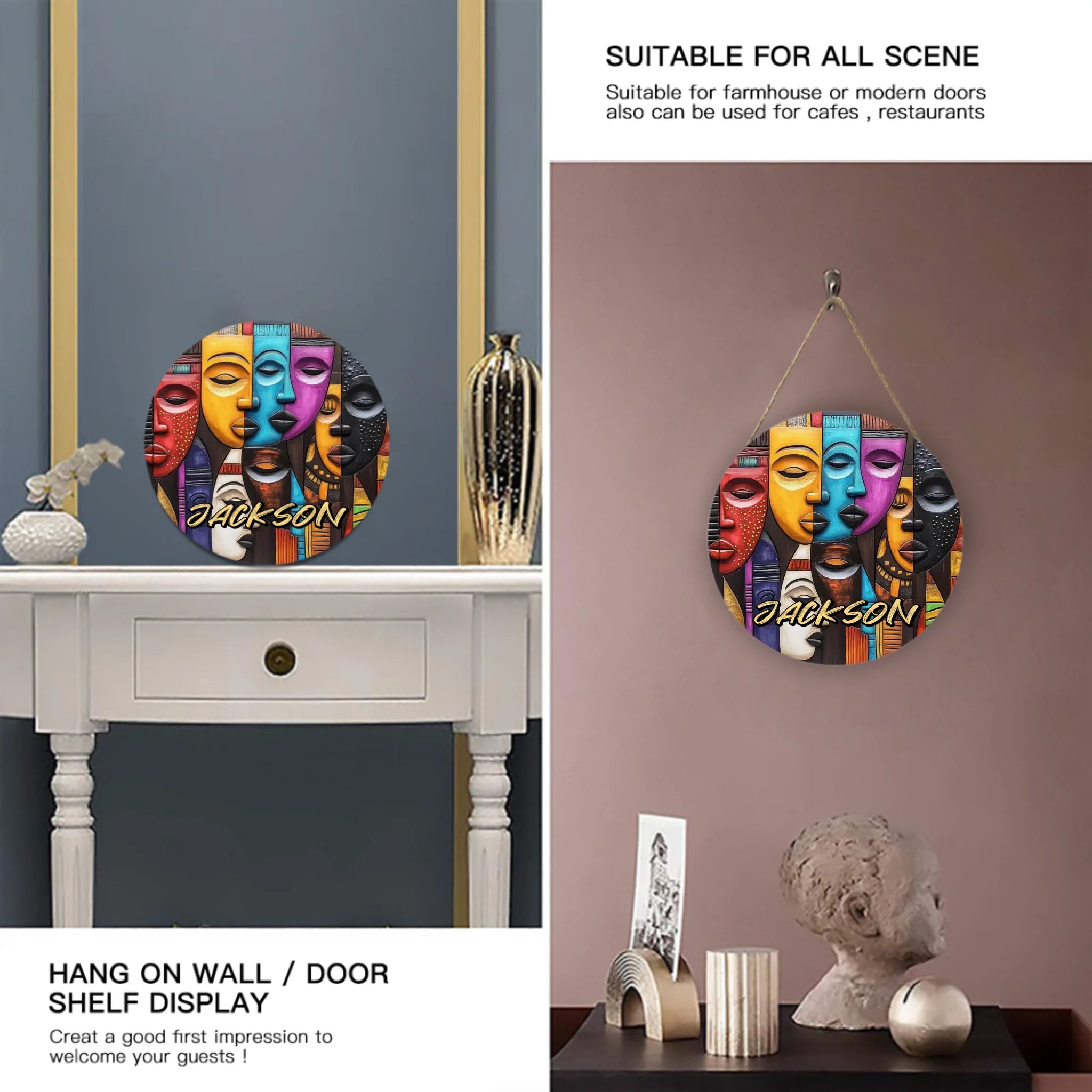 Tribal Mask Customized Door Plate - Personalized Name Wooden Sign - Collage Art