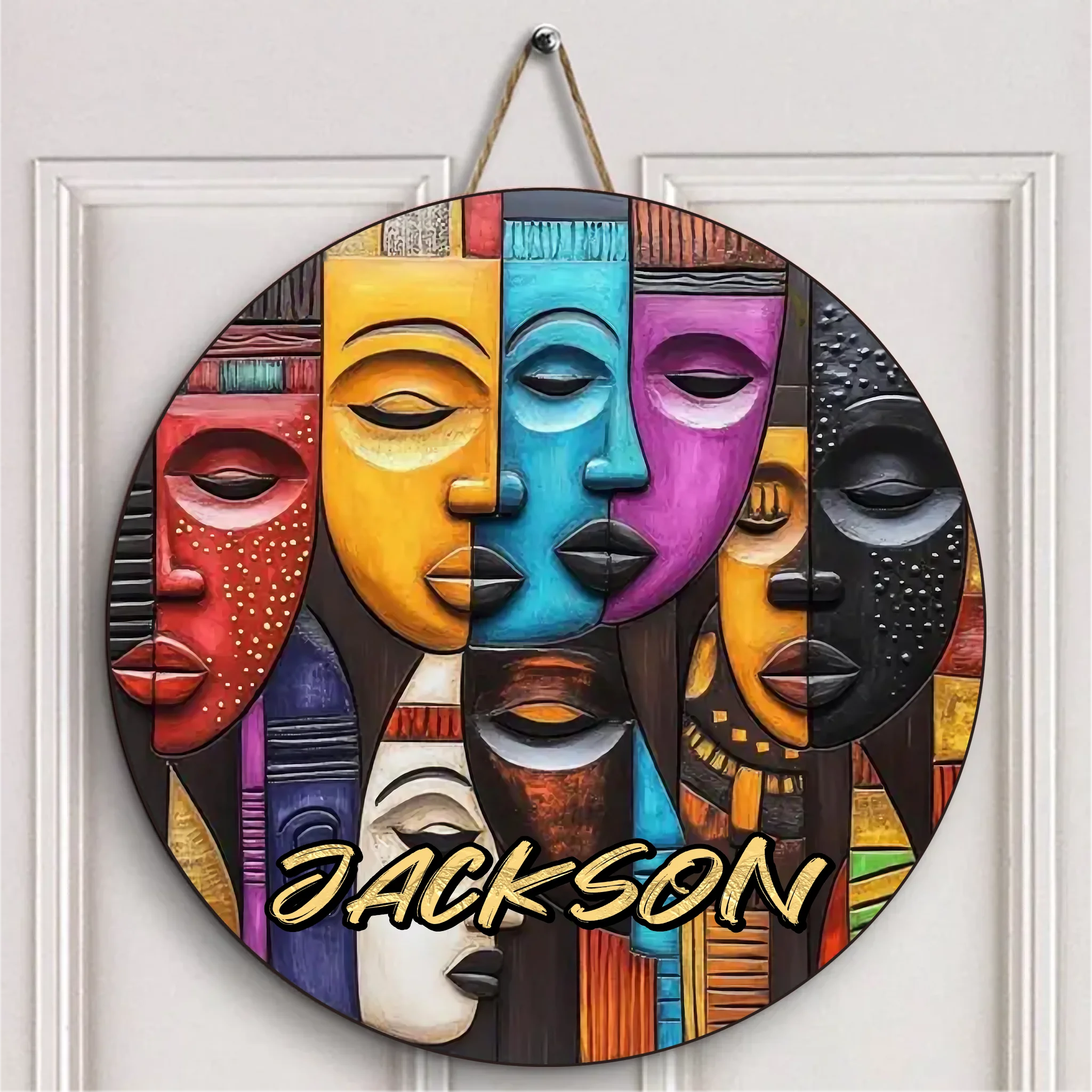 Tribal Mask Customized Door Plate - Personalized Name Wooden Sign - Collage Art