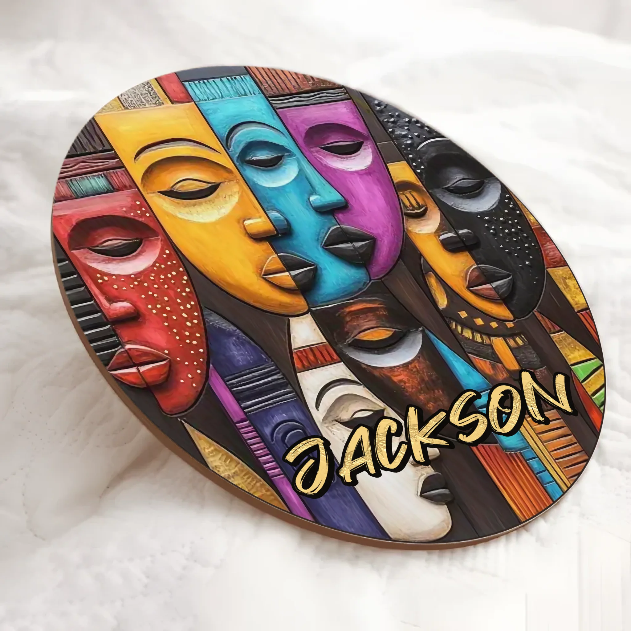 Tribal Mask Customized Door Plate - Personalized Name Wooden Sign - Collage Art