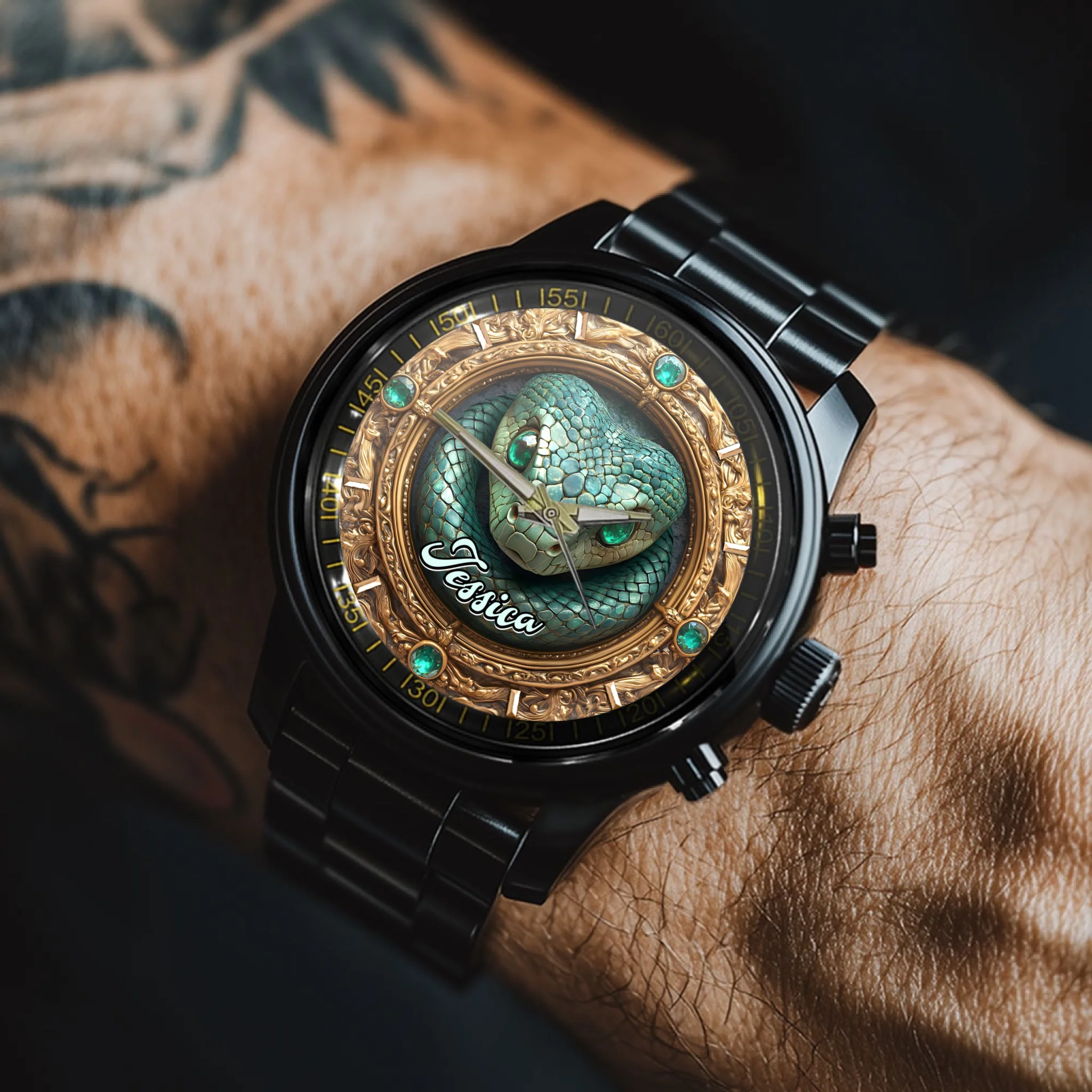 Retro Gemstone Snake Customized Watch - Personalized Name