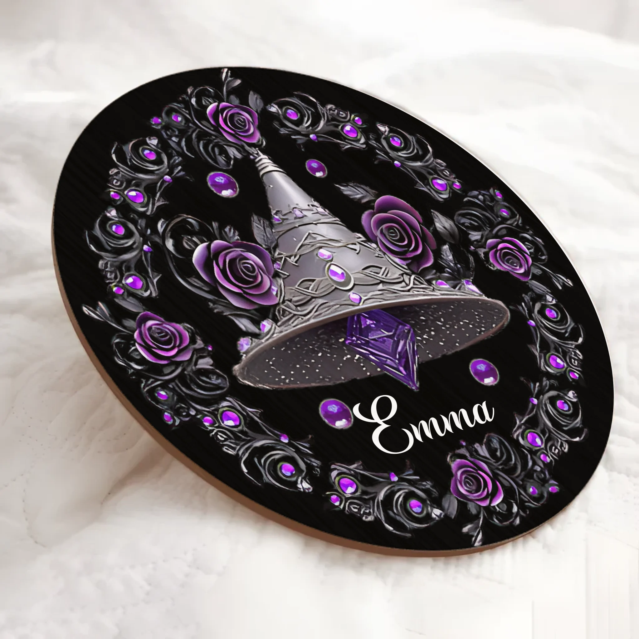 Customized Witch Magic Flower Hat House Door Plate - Personalized Name Wooden Sign