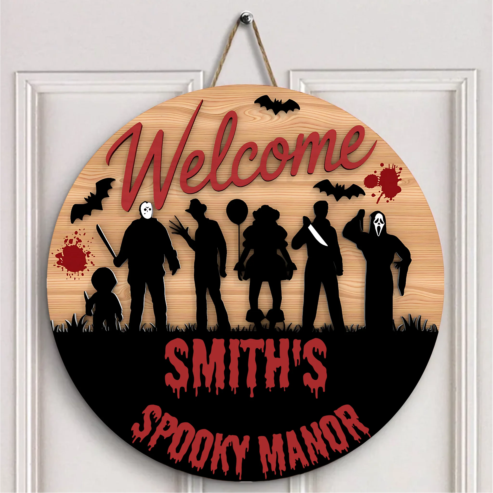 Silhouette Horror Customized Door Plate - Personalized Text Wooden Sign