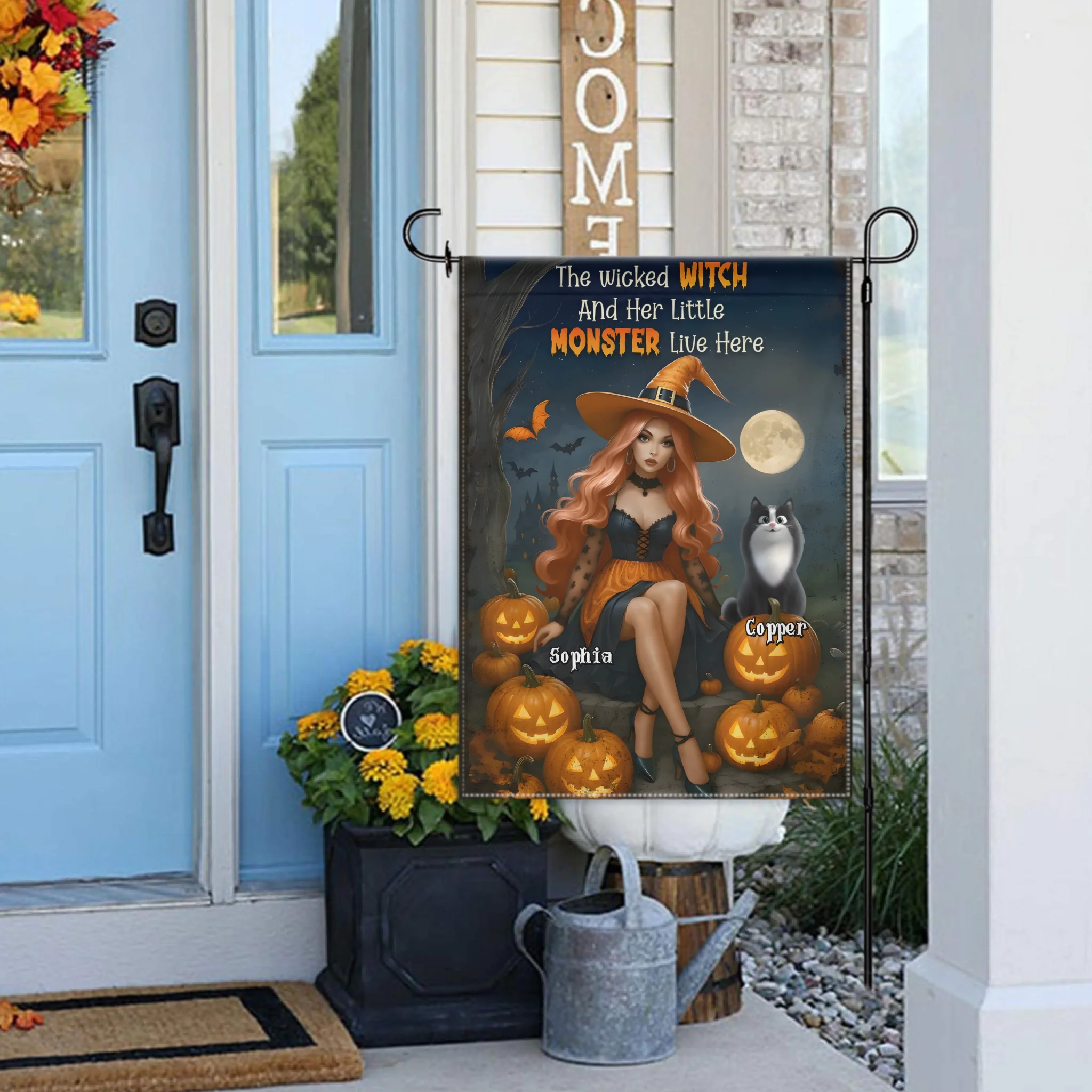 The Wicked Witch and Her Little Monster Live Here Custom Flag – Personalized Halloween Flag - Garden Decoration