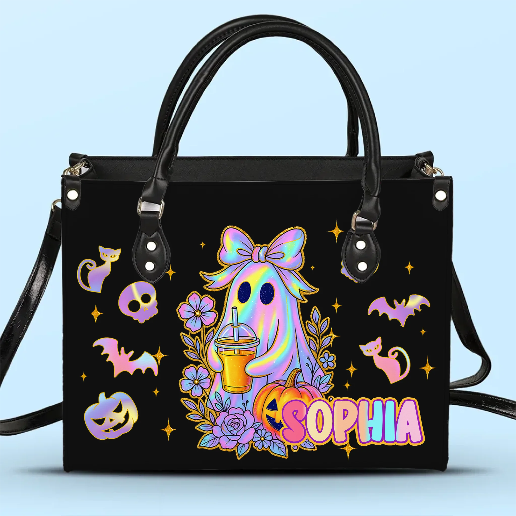 Bows Ghost Custom Halloween Tote Bag - Personalized Name Tote Bag - Halloween Celebration