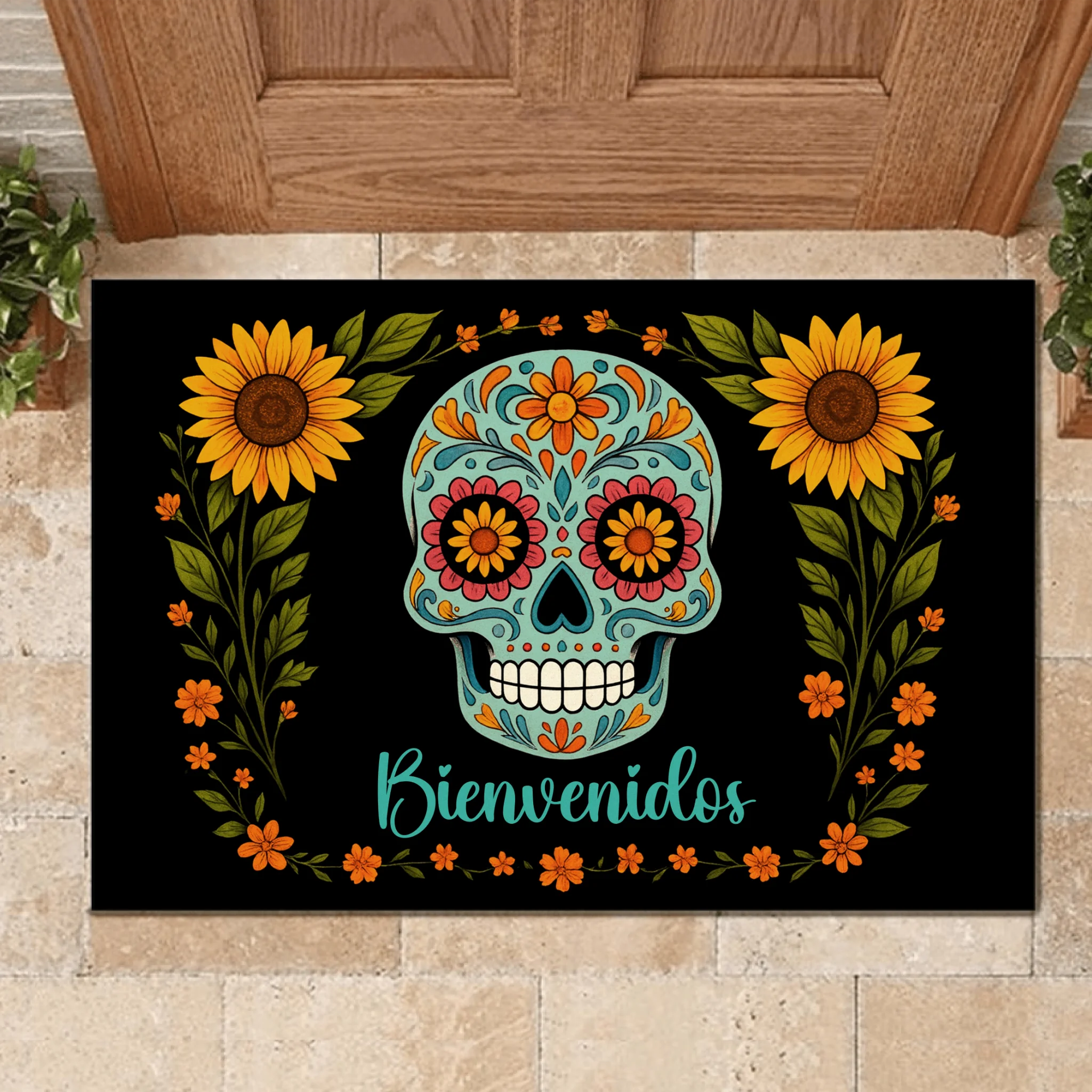 Skull Flower Custom-made Floor Mat - Personalized Name Door Mat - Halloween Decorations