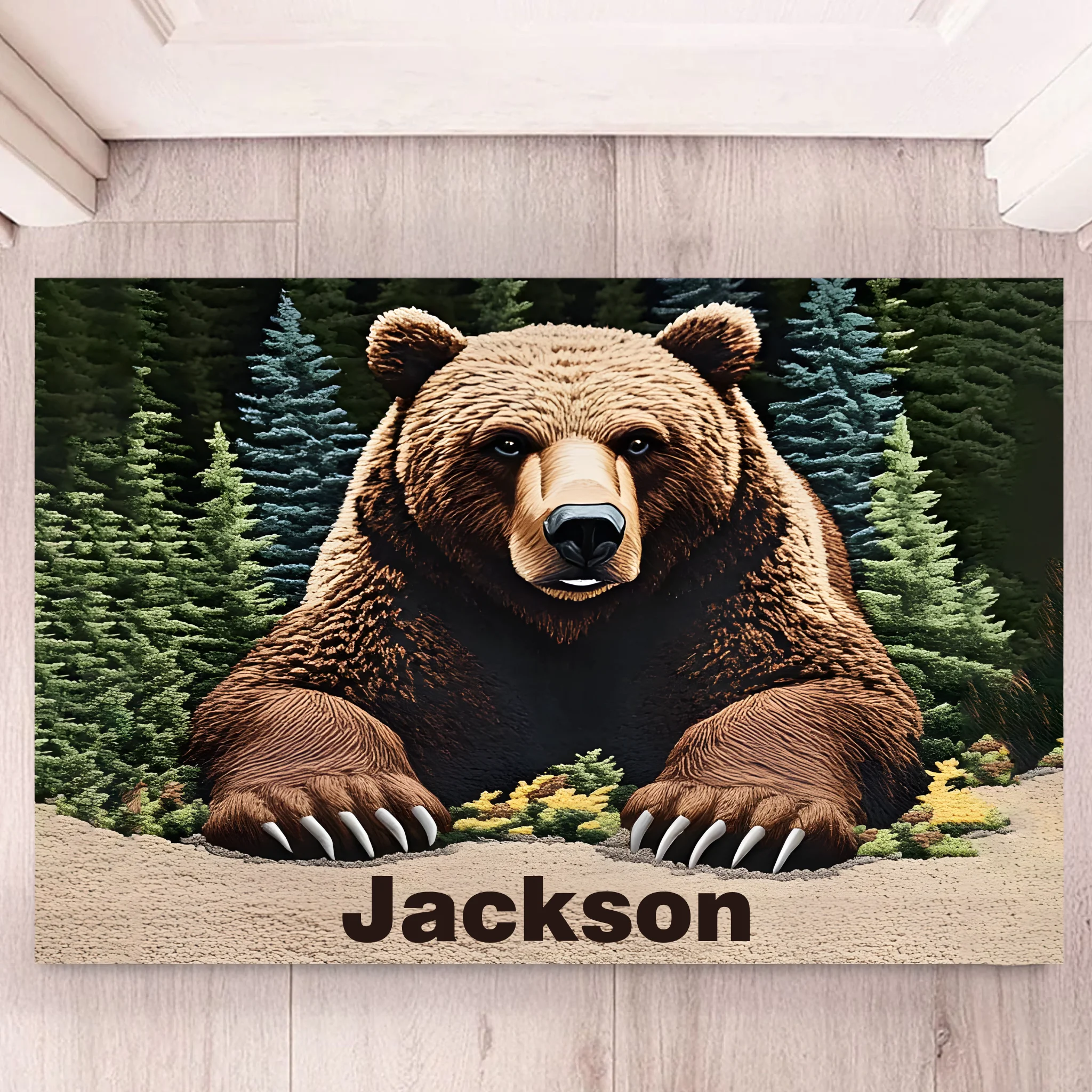 Forest Brown Bear Customized Floor Mat - Personalized Name Door Mat