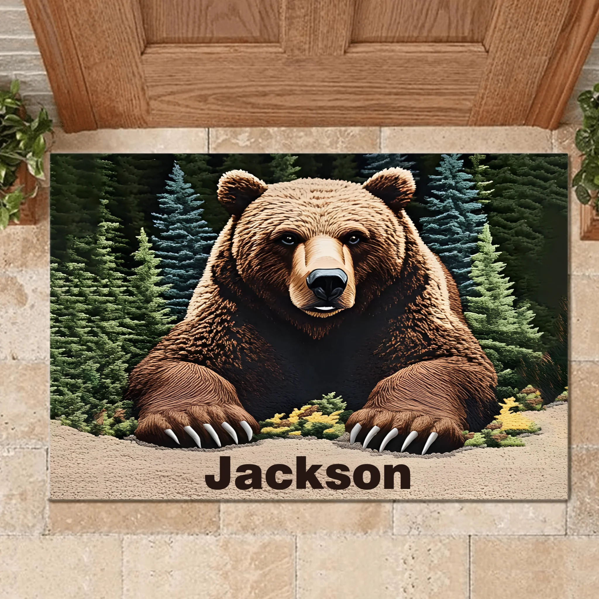 Forest Brown Bear Customized Floor Mat - Personalized Name Door Mat