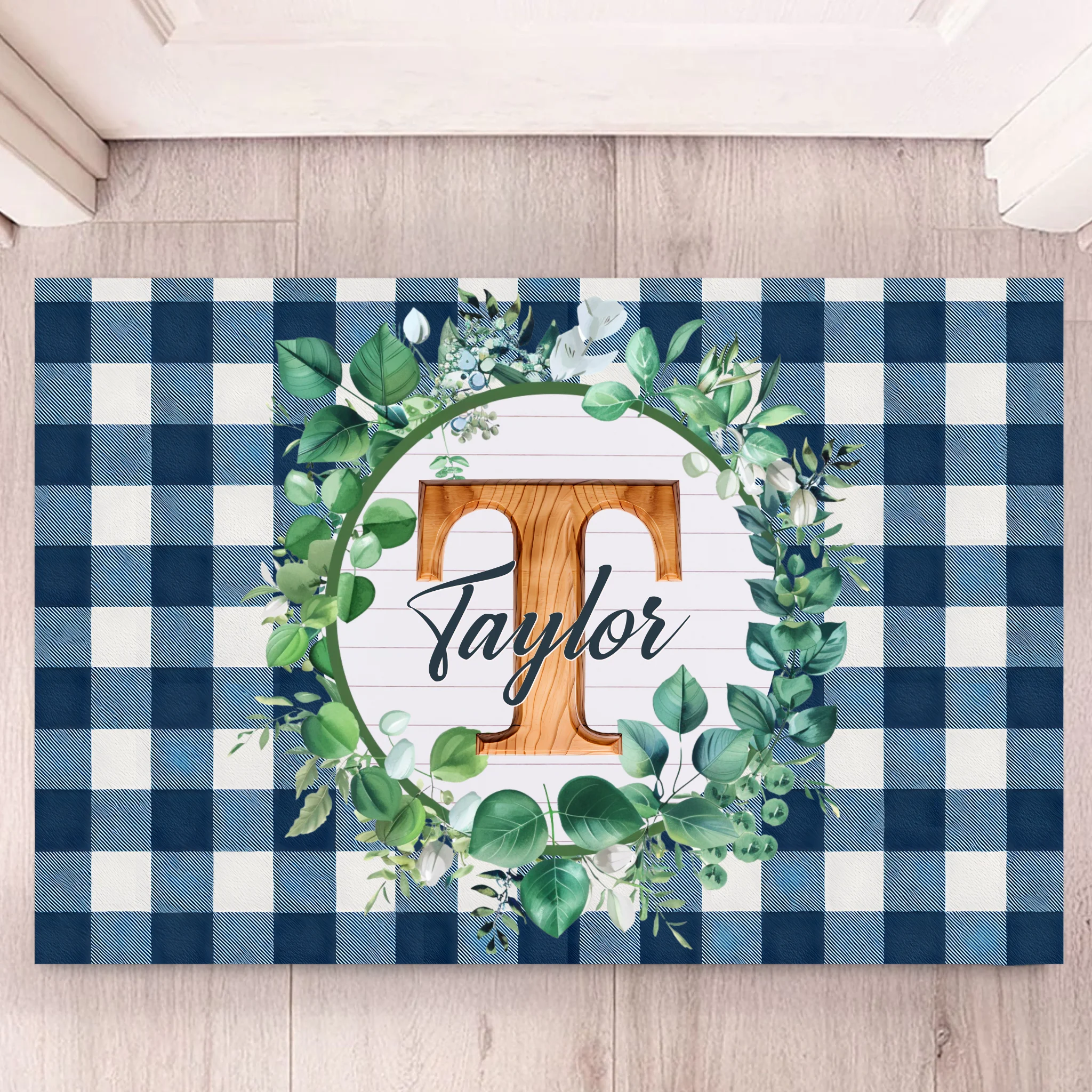 Custom Blue Plaid Floral Initial Doormat - Personalized Name Mat- Gift for Home, Family & Friends