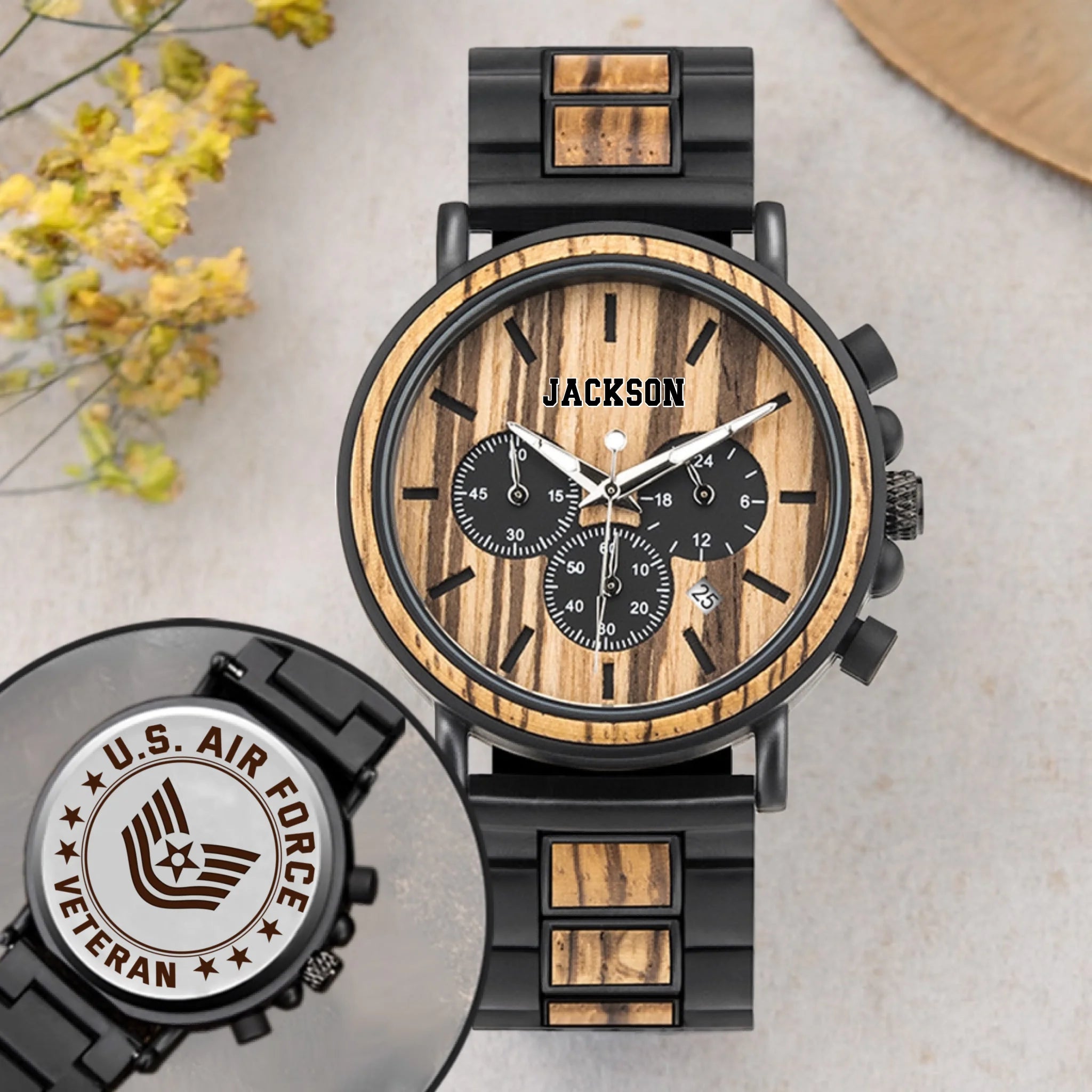 Customized US Military Wooden Watch - Personalized Name & Rank - Gifts For Veterans