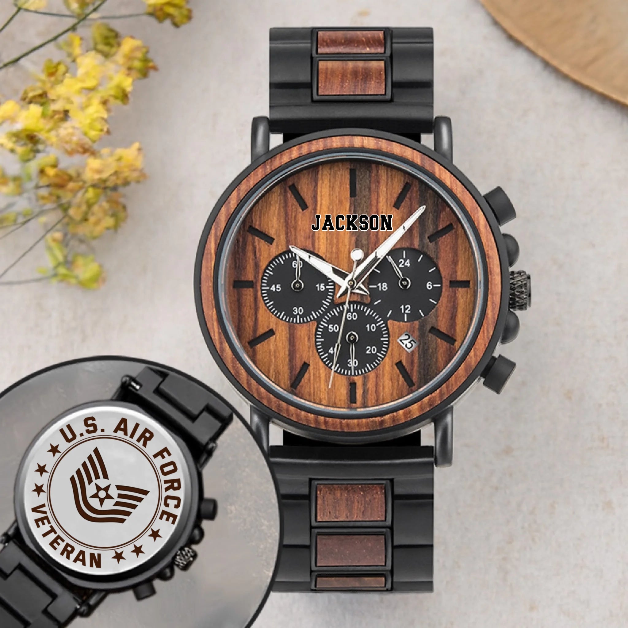 Customized US Military Wooden Watch - Personalized Name & Rank - Gifts For Veterans