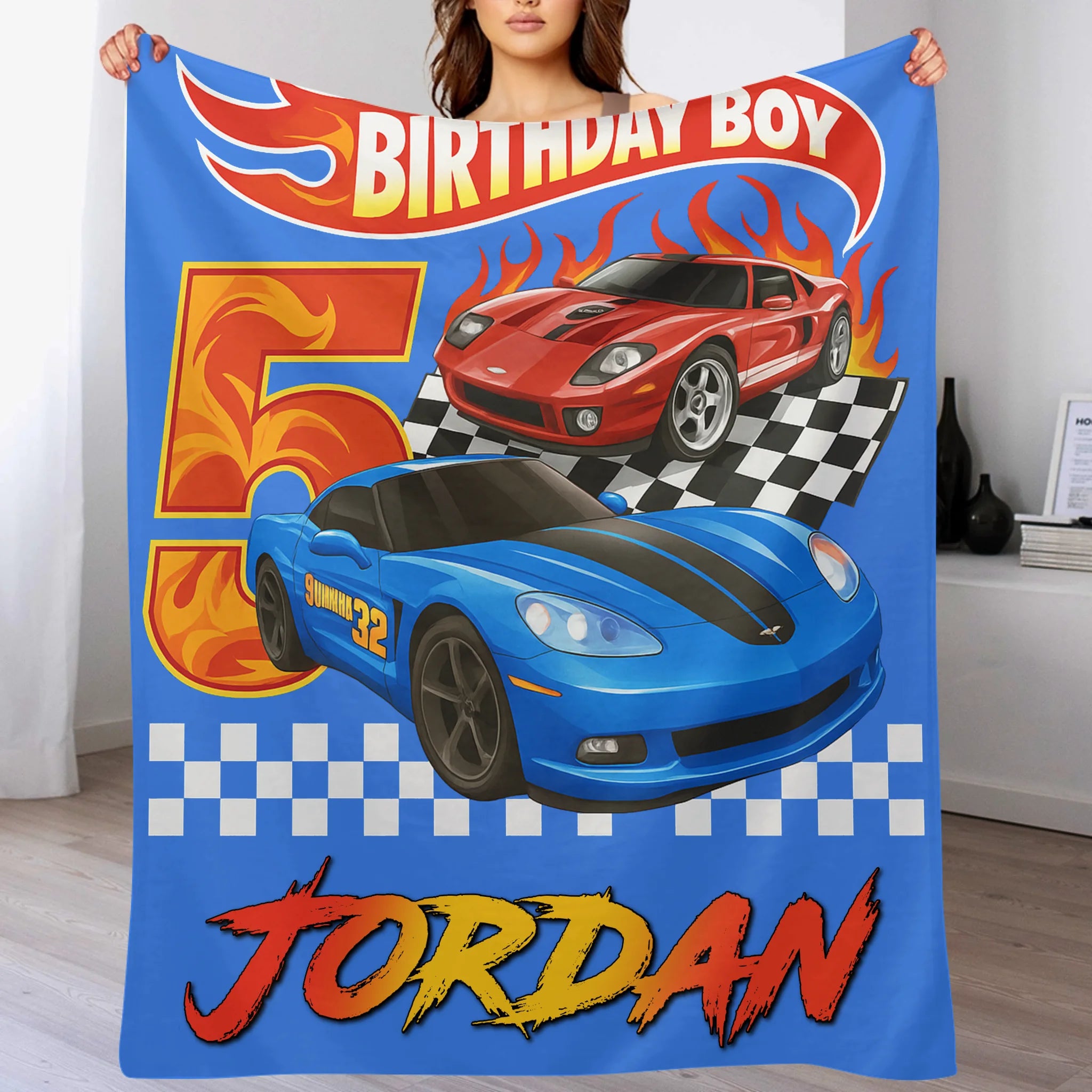 Custom Sports Car Blanket - Personalized Race Car Theme Throw Blanket - Gift for Boys and Girls