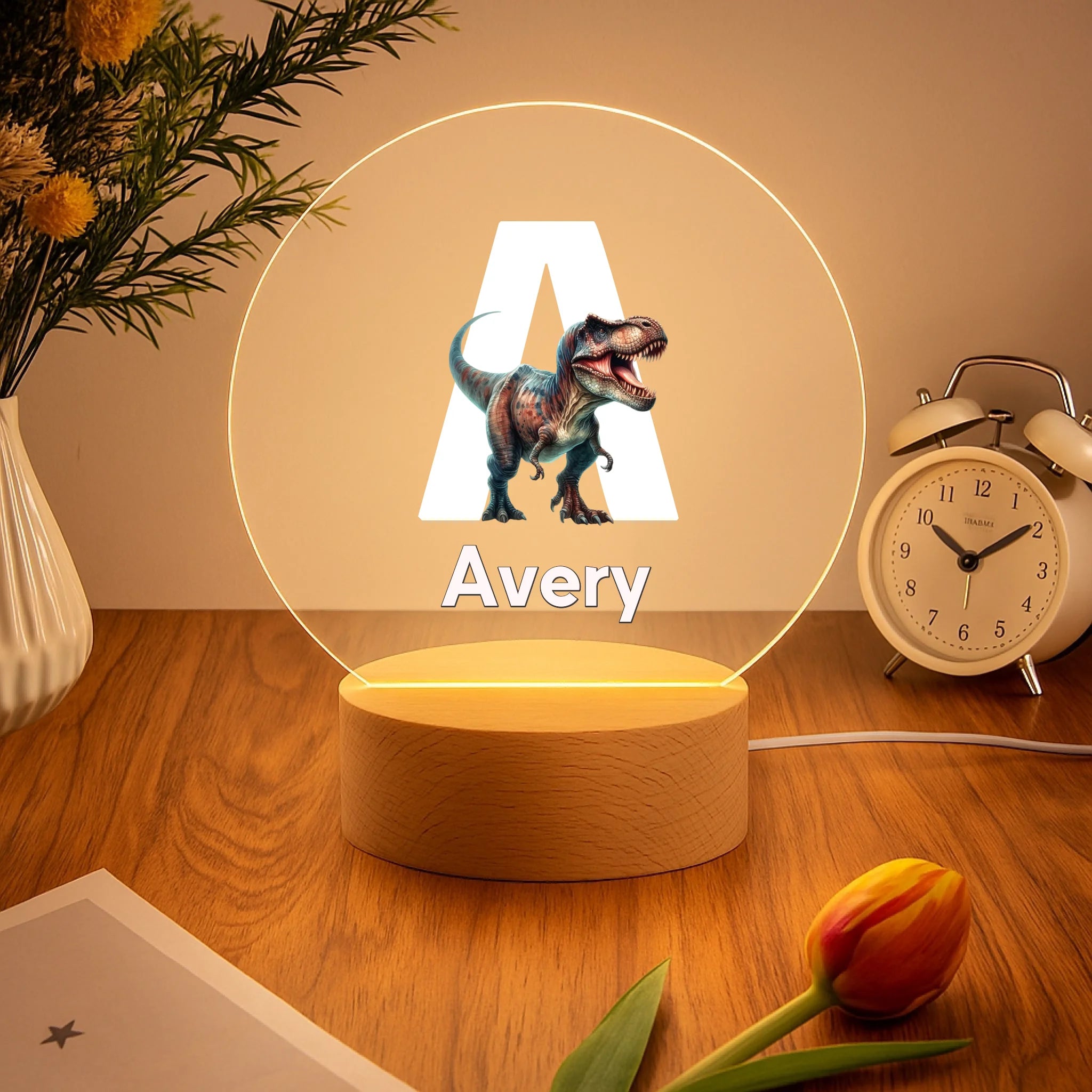 Custom Dinosaur Initial Night Light - Personalized Dino LED Lamp with Name - Gift for Boys Girls