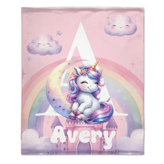 Customized Rainbow Unicorn Kids Blanket - Personalized Initial and Name - Magical Gift For Kids